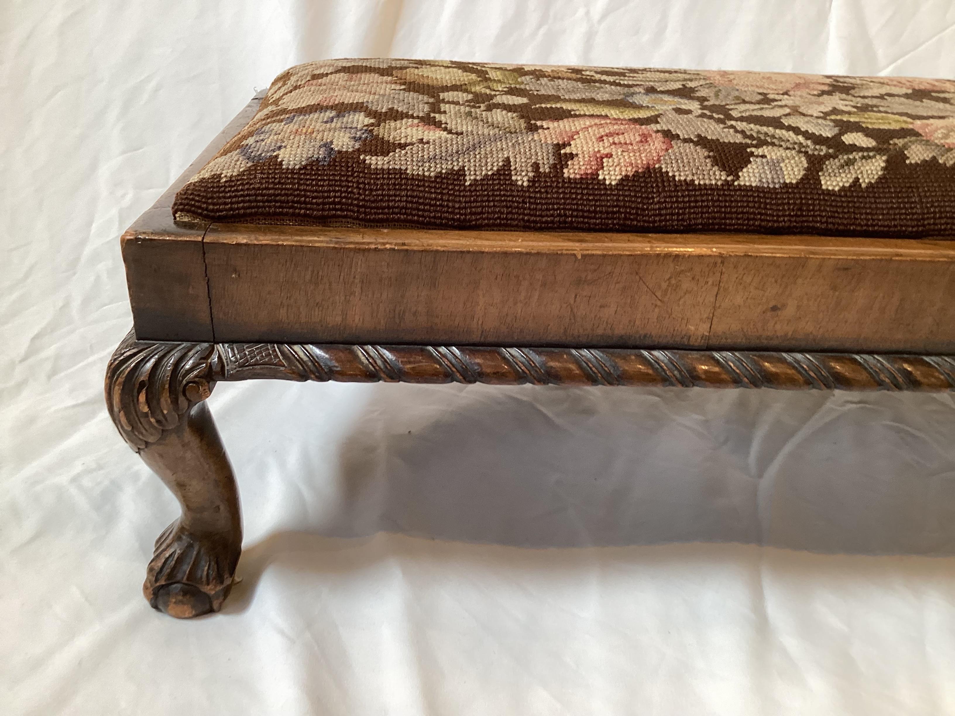 Wool Hand Carved Walnut and Needlepoint Bench For Sale