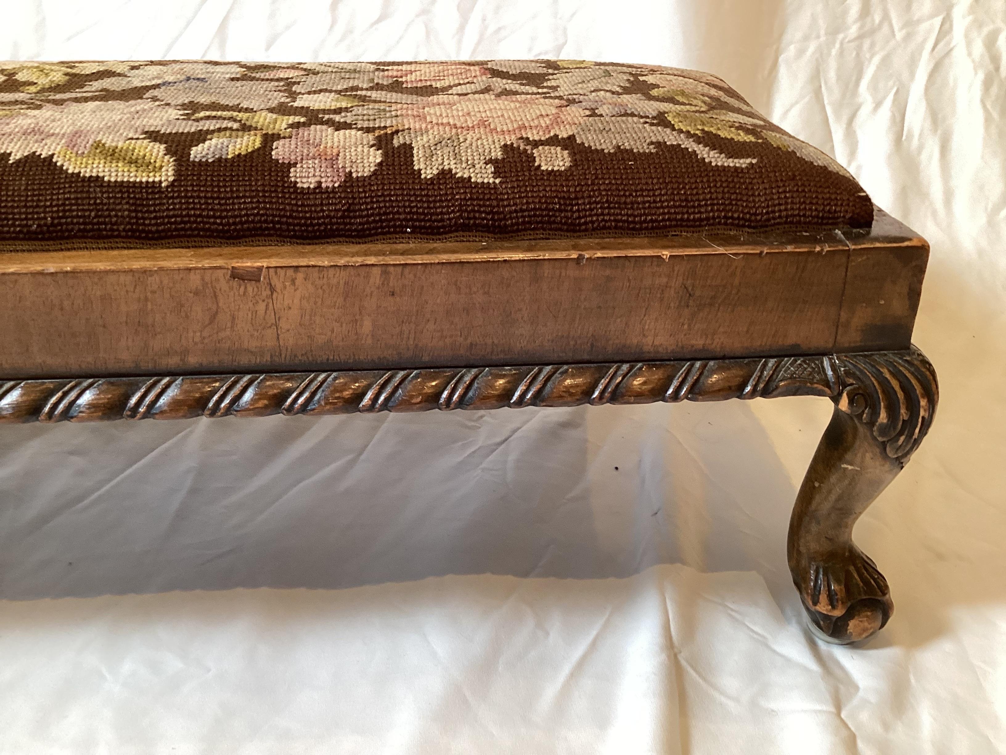 Hand Carved Walnut and Needlepoint Bench For Sale 1