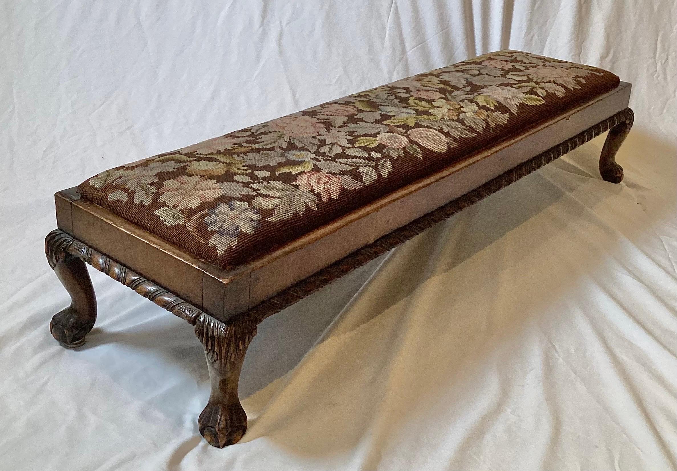 Hand Carved Walnut and Needlepoint Bench For Sale 2