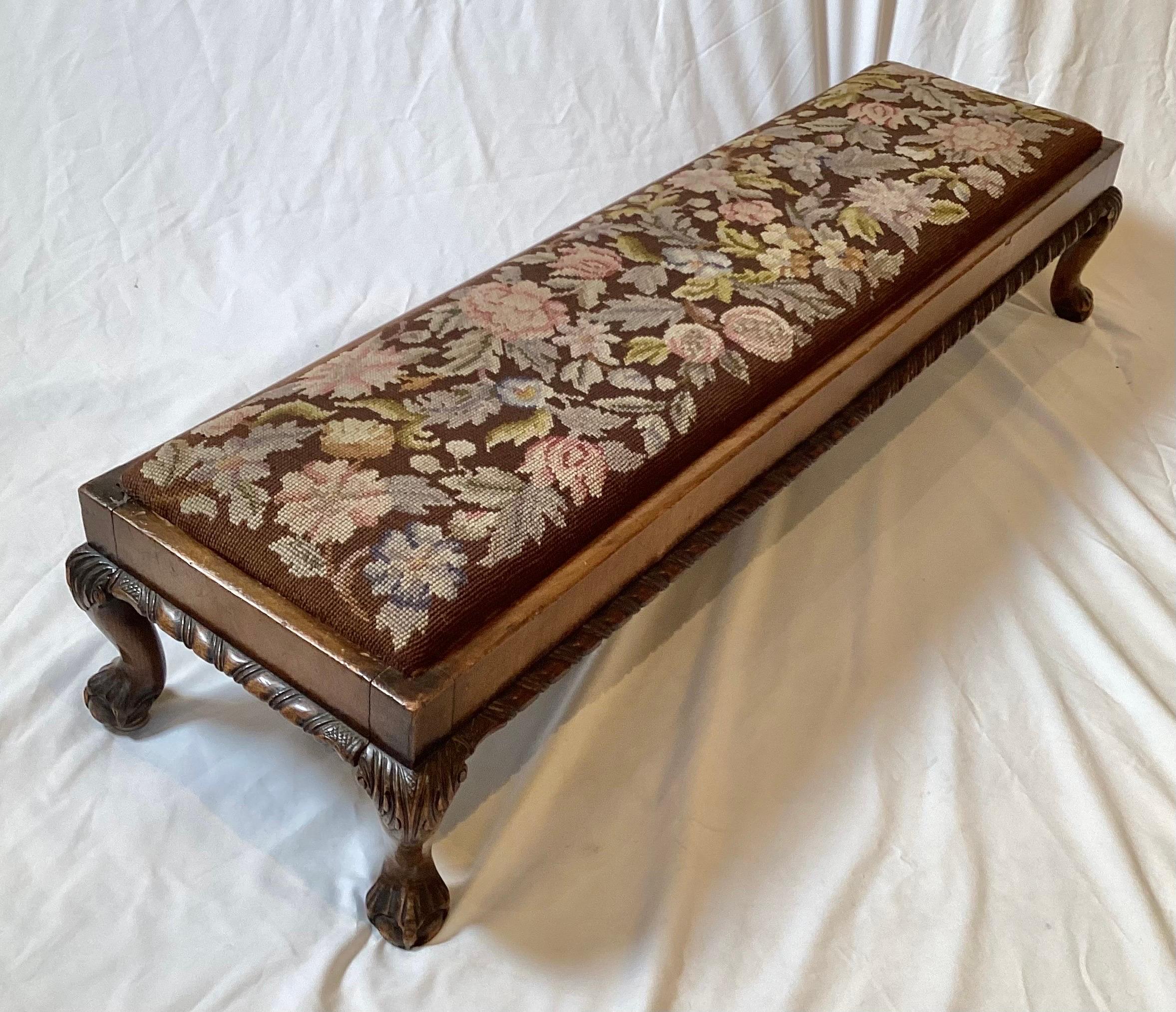 Hand Carved Walnut and Needlepoint Bench For Sale 3