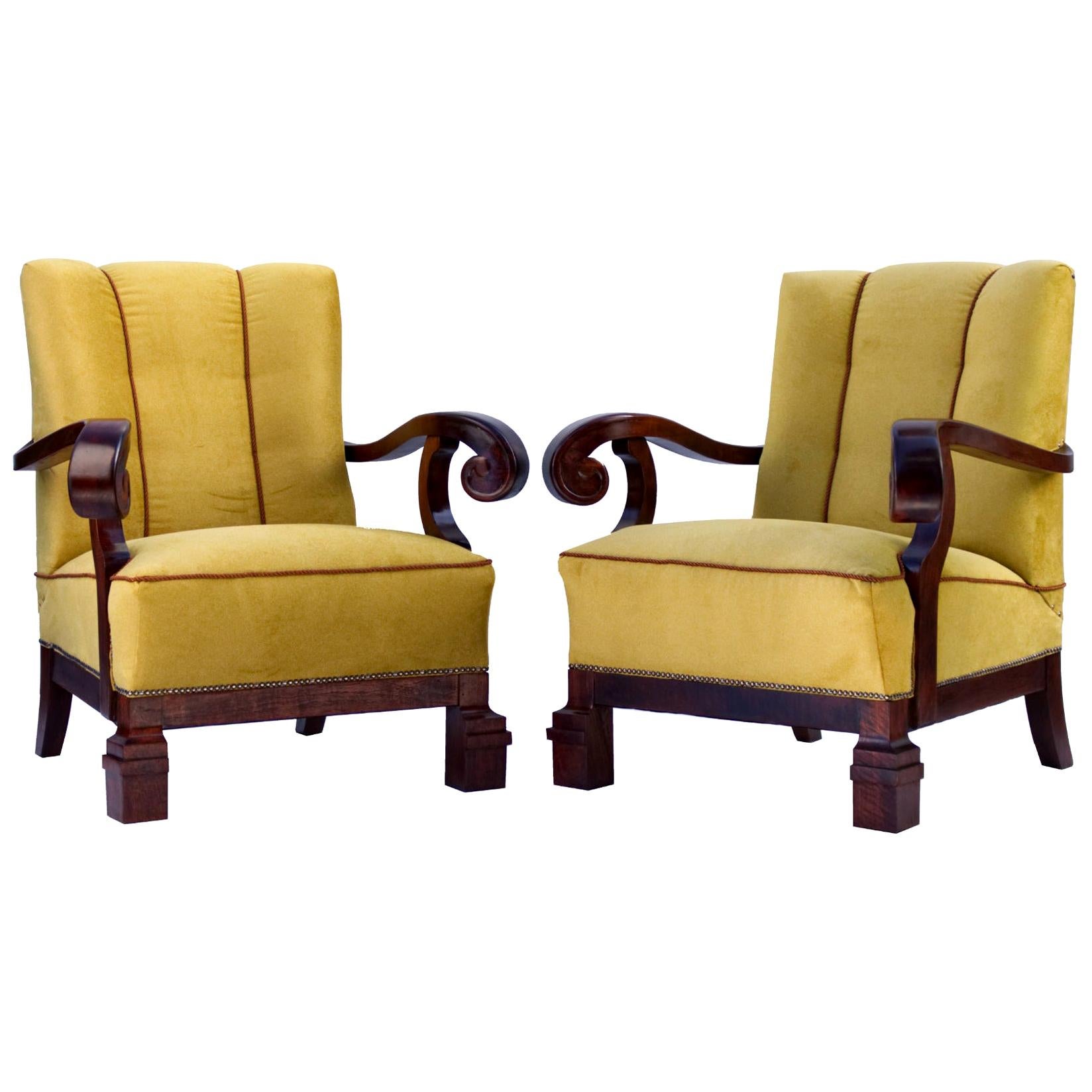 Hand Carved Walnut Art Nouveau Armchairs, circa 1920