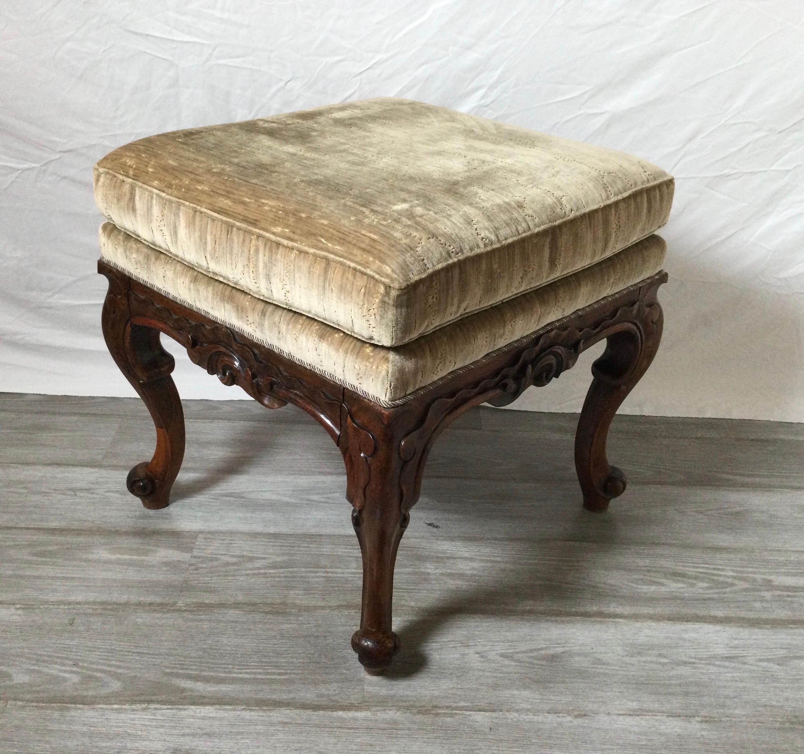 American Hand Carved Walnut Bench with Upholstered Top, 19th Century