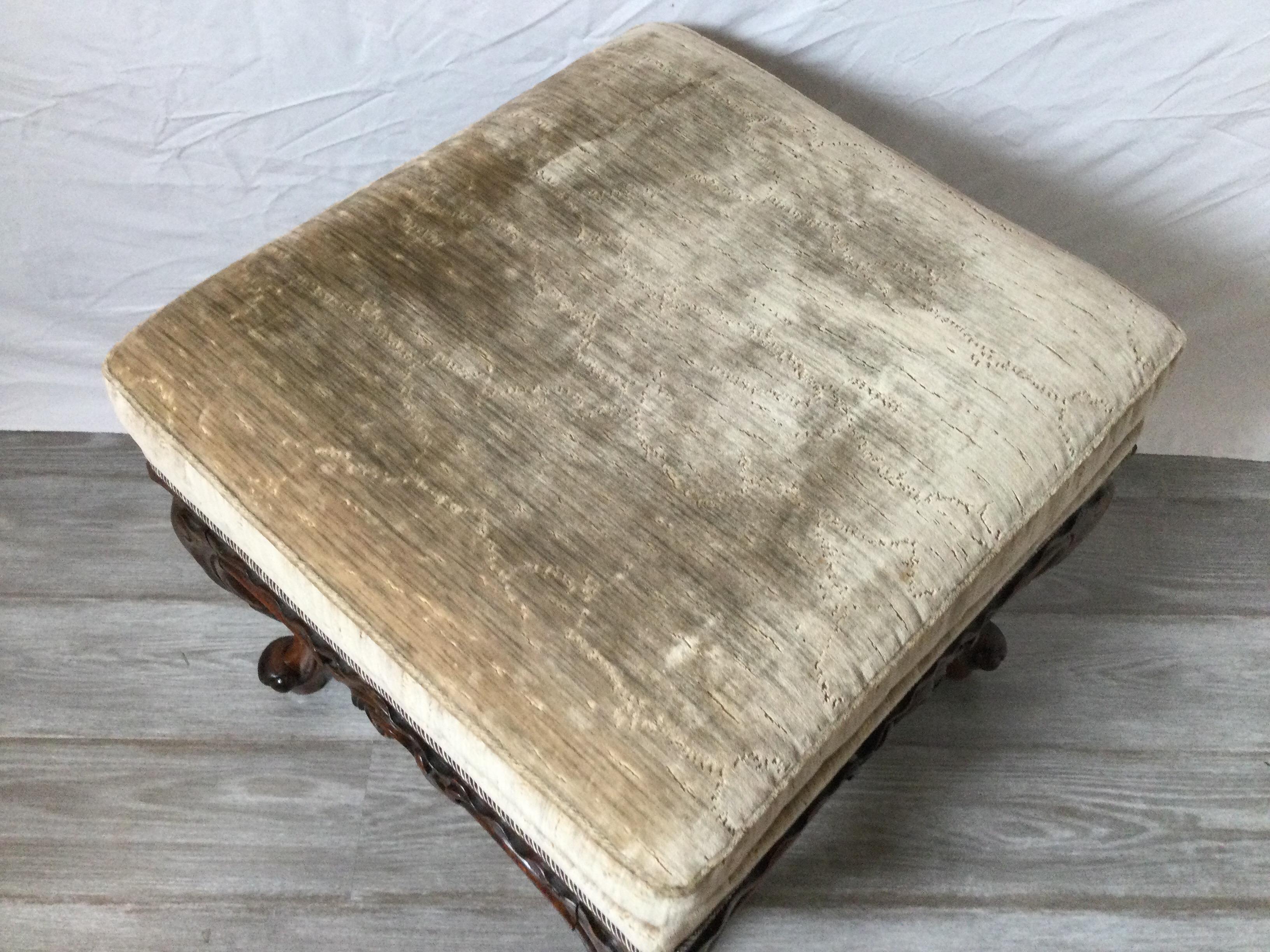 Hand-Carved Hand Carved Walnut Bench with Upholstered Top, 19th Century