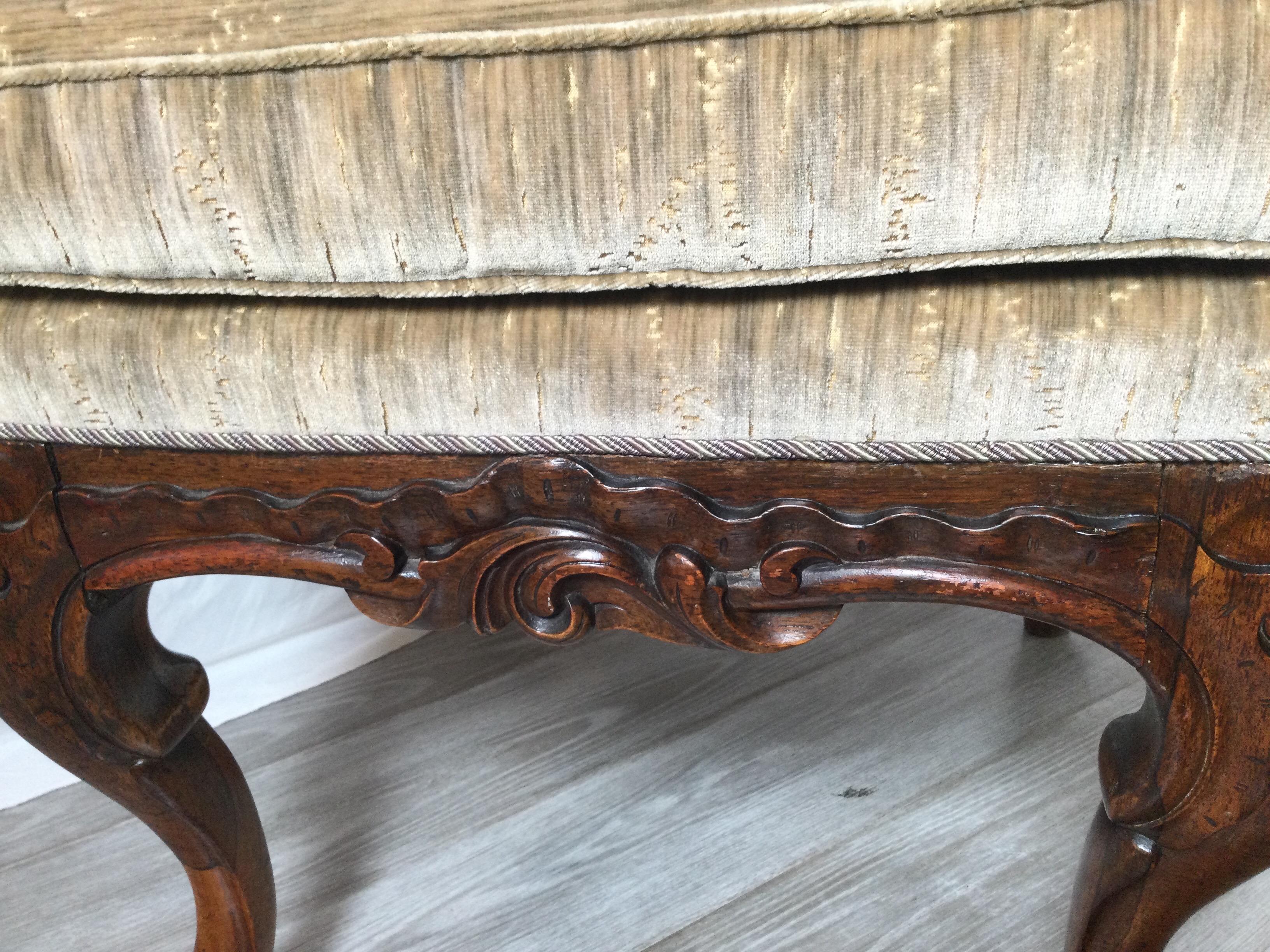 Hand Carved Walnut Bench with Upholstered Top, 19th Century In Good Condition In Lambertville, NJ