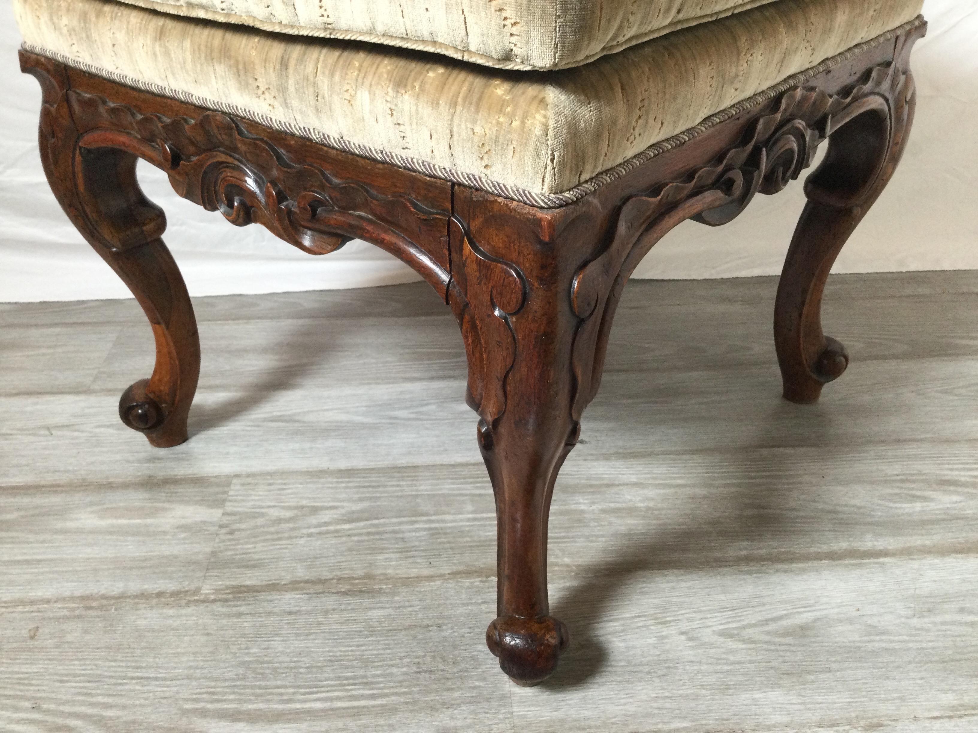 Late 19th Century Hand Carved Walnut Bench with Upholstered Top, 19th Century