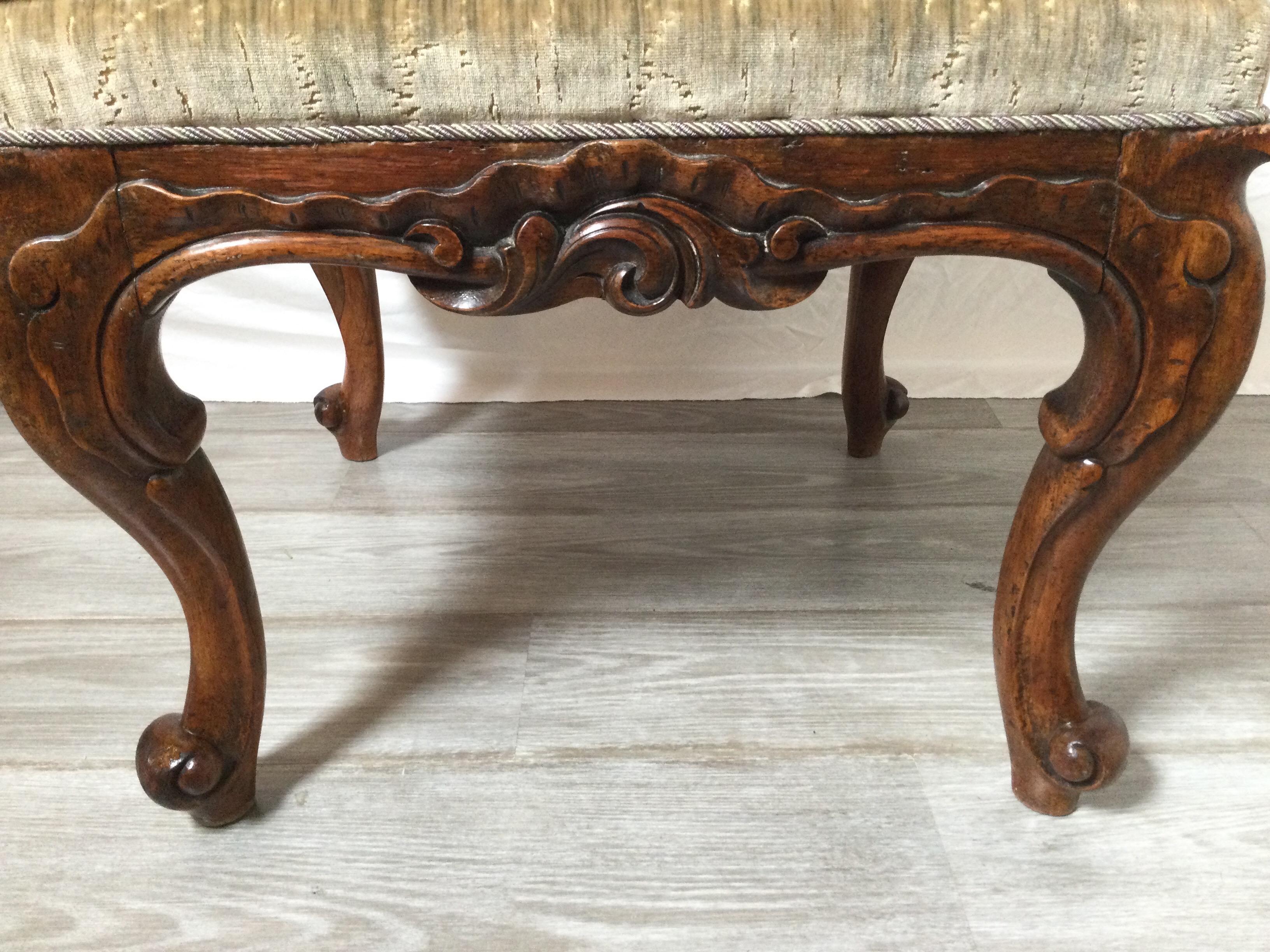 Hand Carved Walnut Bench with Upholstered Top, 19th Century 1
