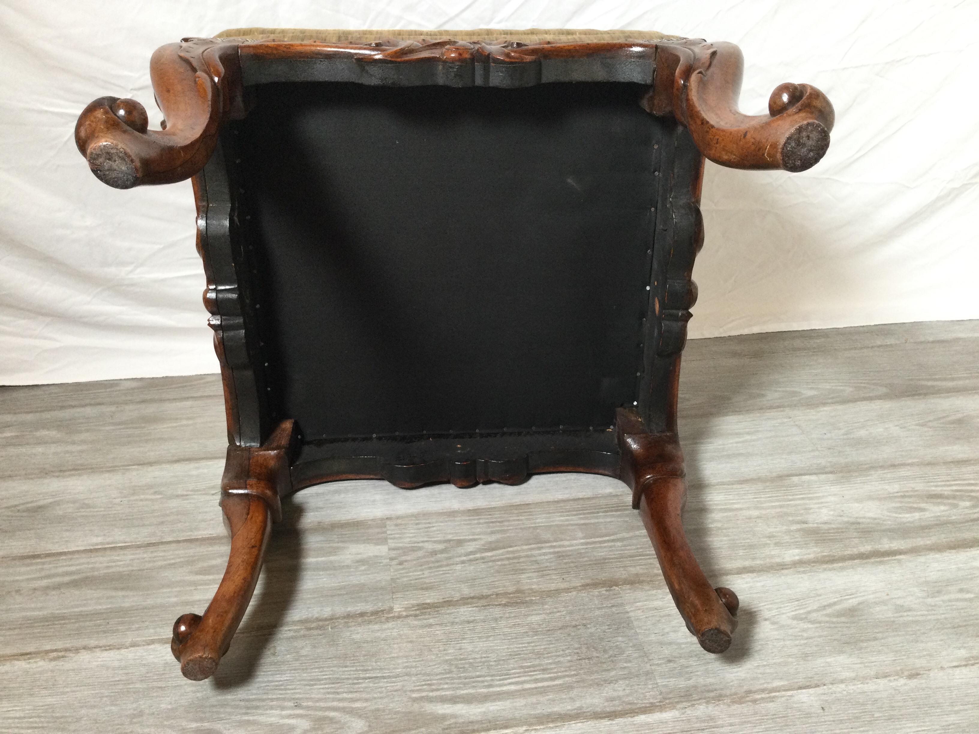 Hand Carved Walnut Bench with Upholstered Top, 19th Century 2