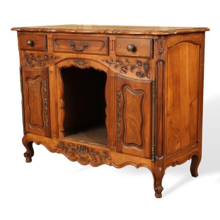 Hand carved walnut buffet sideboard, French, circa 1920. Beautifully carved with a warm patina.
