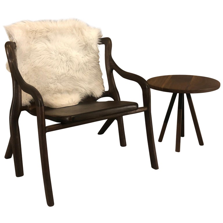 Hand Carved Walnut Chair And Side Table Made In Brooklyn For At Hand Carved Walnut Chair And Side Table Made In Brooklyn For
