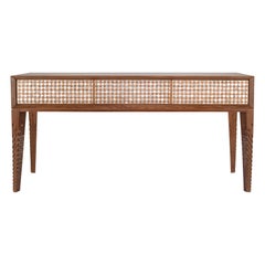 Hand-Carved Walnut Console with Intricate Mother-of-pearl Geometric Design