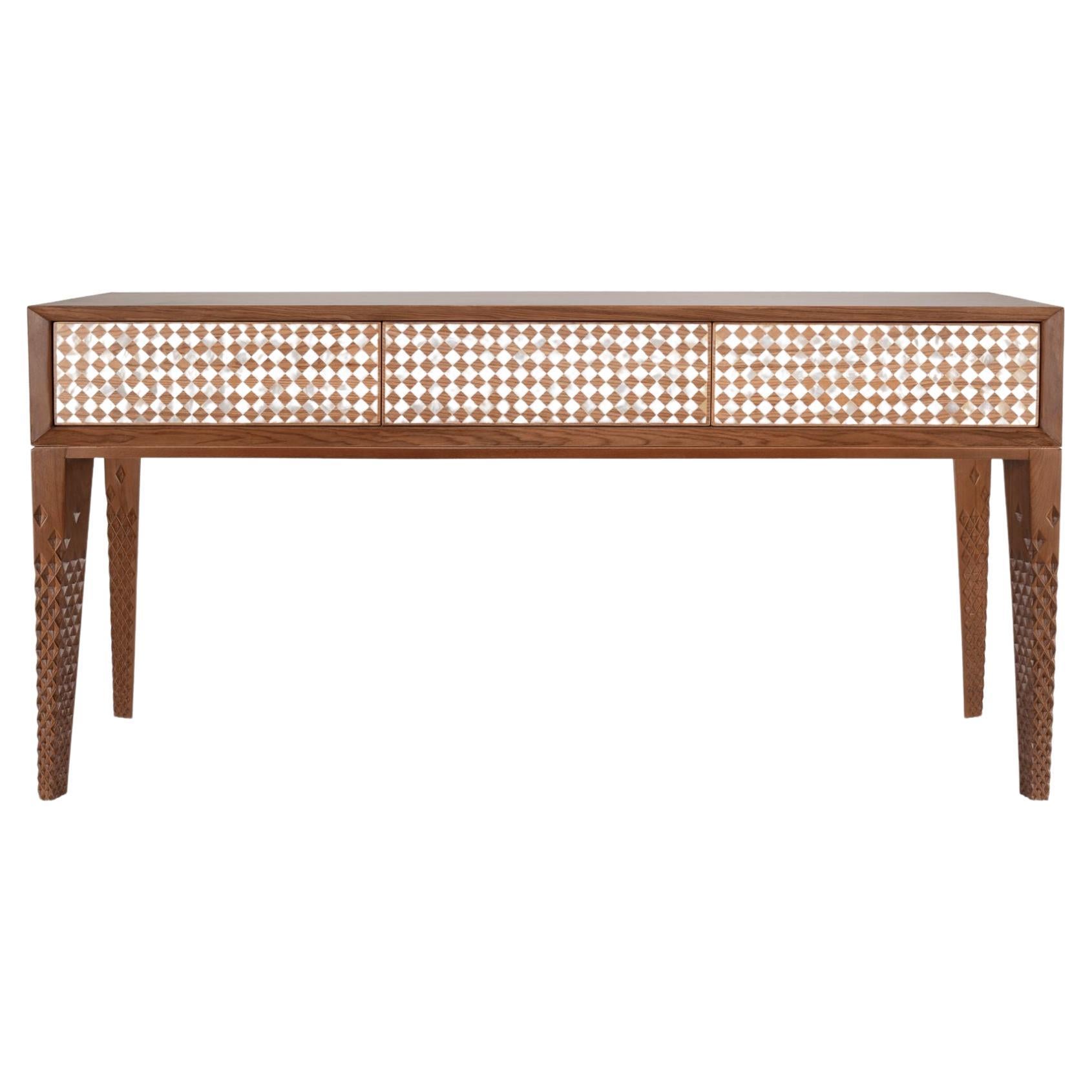 Hand-Carved Walnut Console with Intricate Mother-of-pearl Geometric Design For Sale