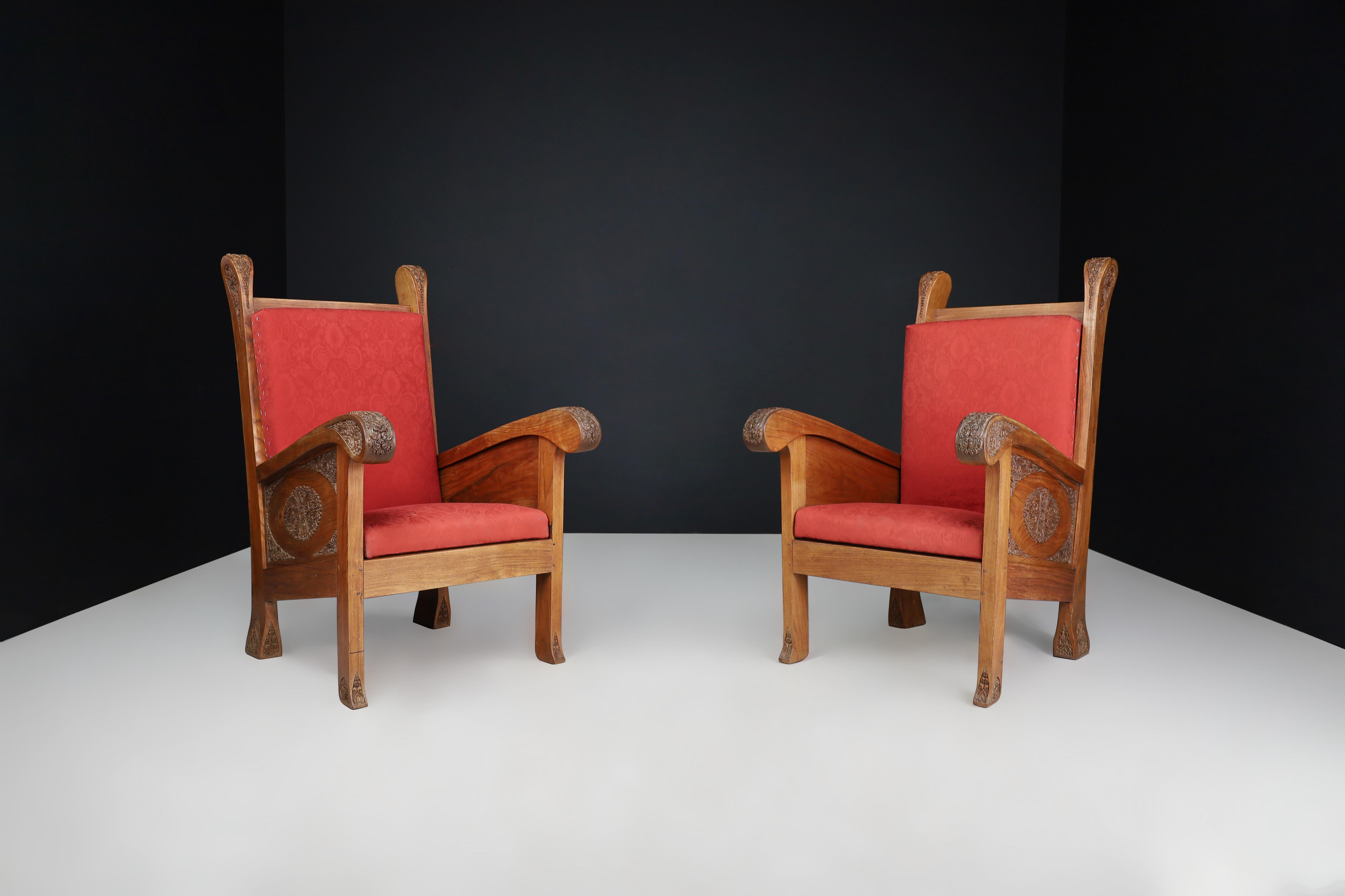 Hand-Carved Walnut High Back Chairs, Indonesia, Early 20th Century For Sale 4