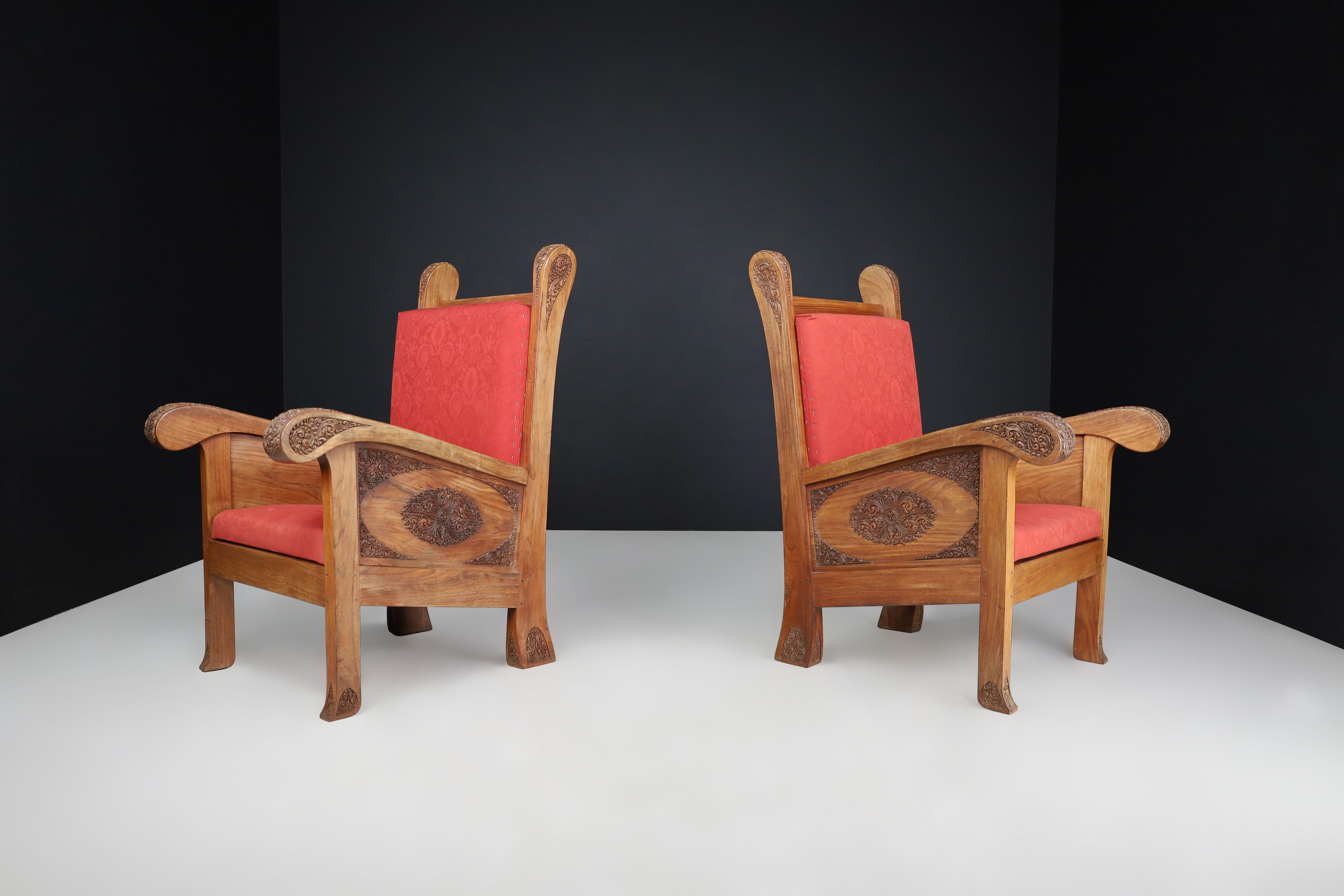 Dutch Colonial Hand-Carved Walnut High Back Chairs, Indonesia, Early 20th Century For Sale