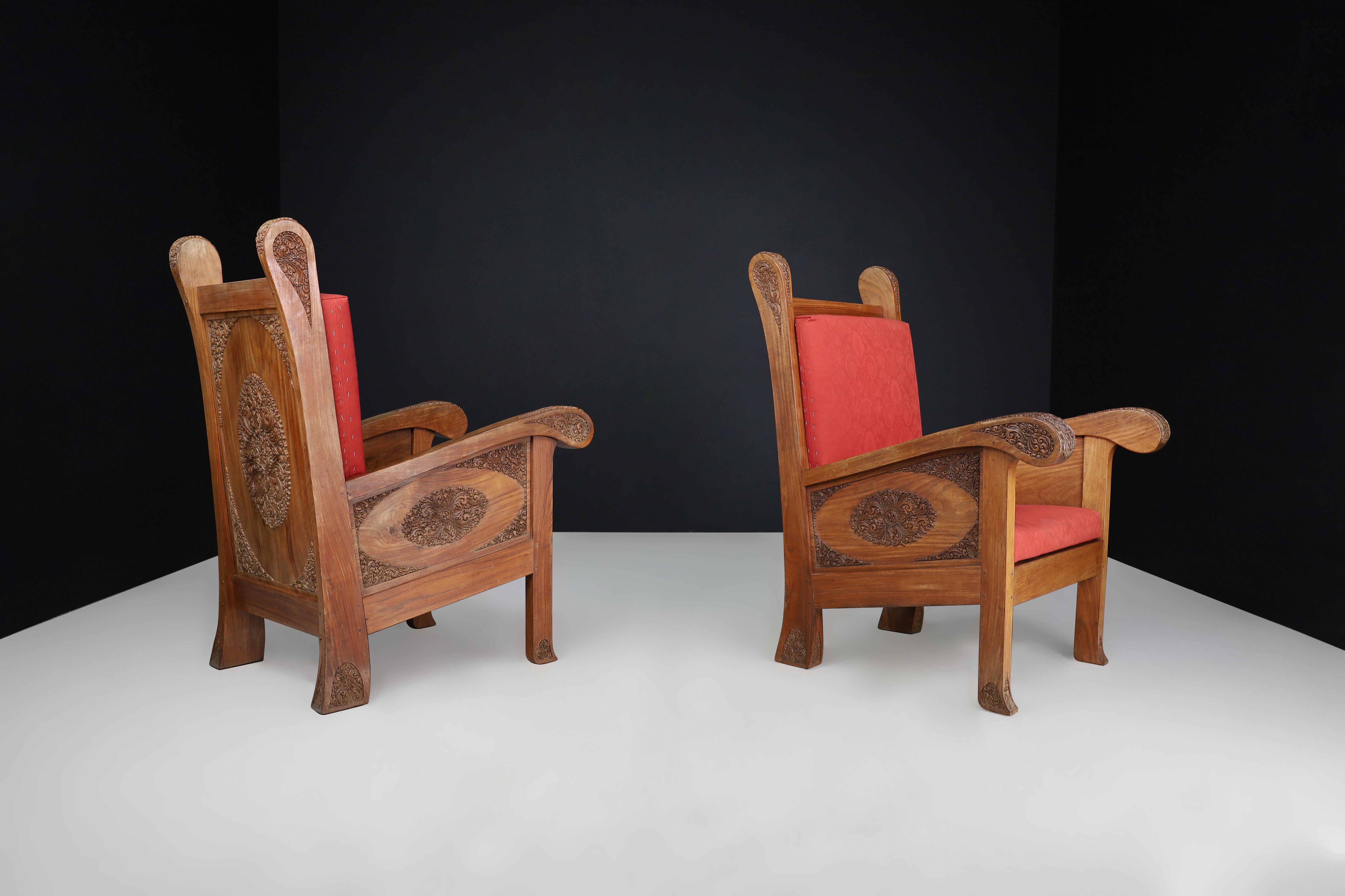 Indonesian Hand-Carved Walnut High Back Chairs, Indonesia, Early 20th Century For Sale