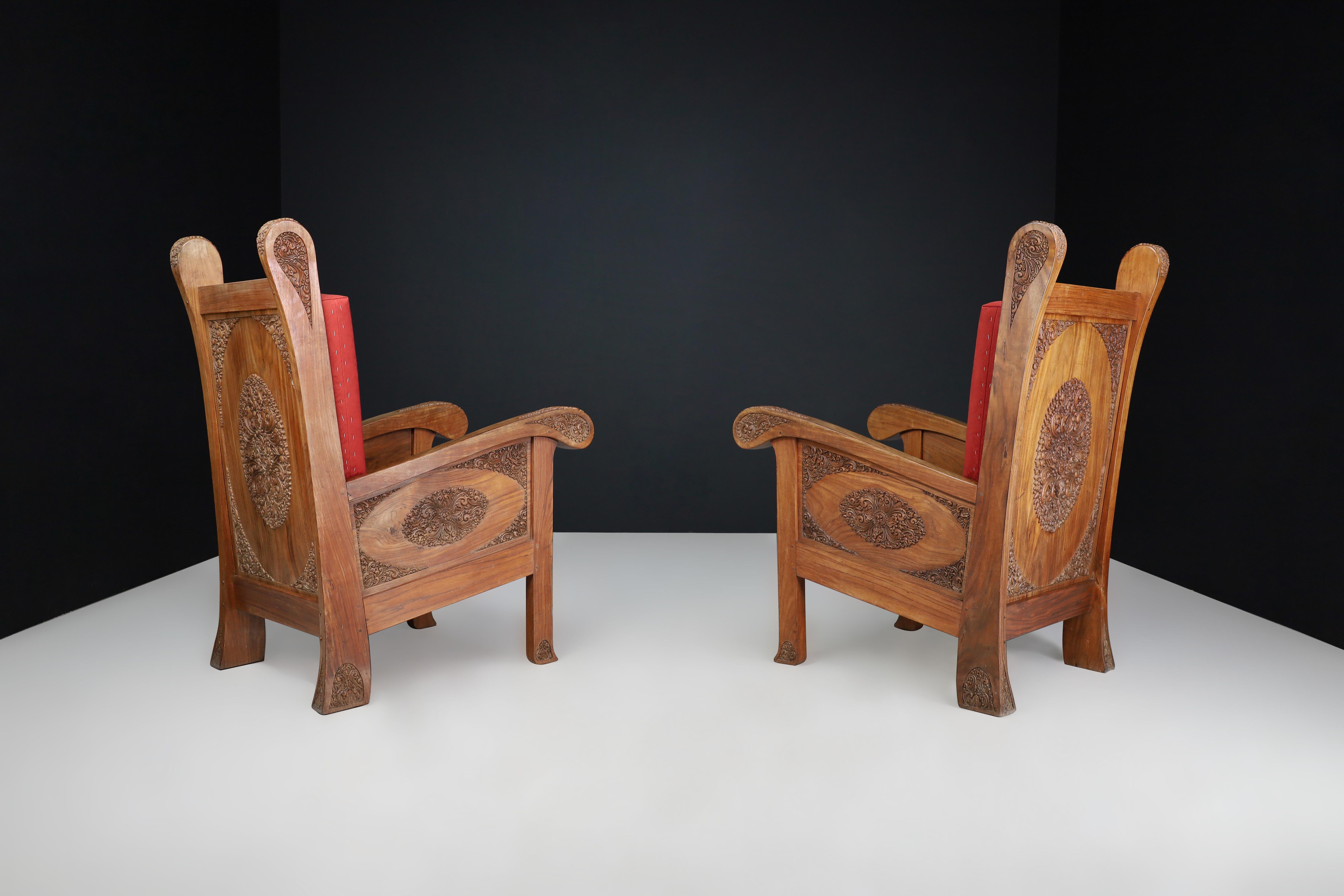 Upholstery Hand-Carved Walnut High Back Chairs, Indonesia, Early 20th Century For Sale