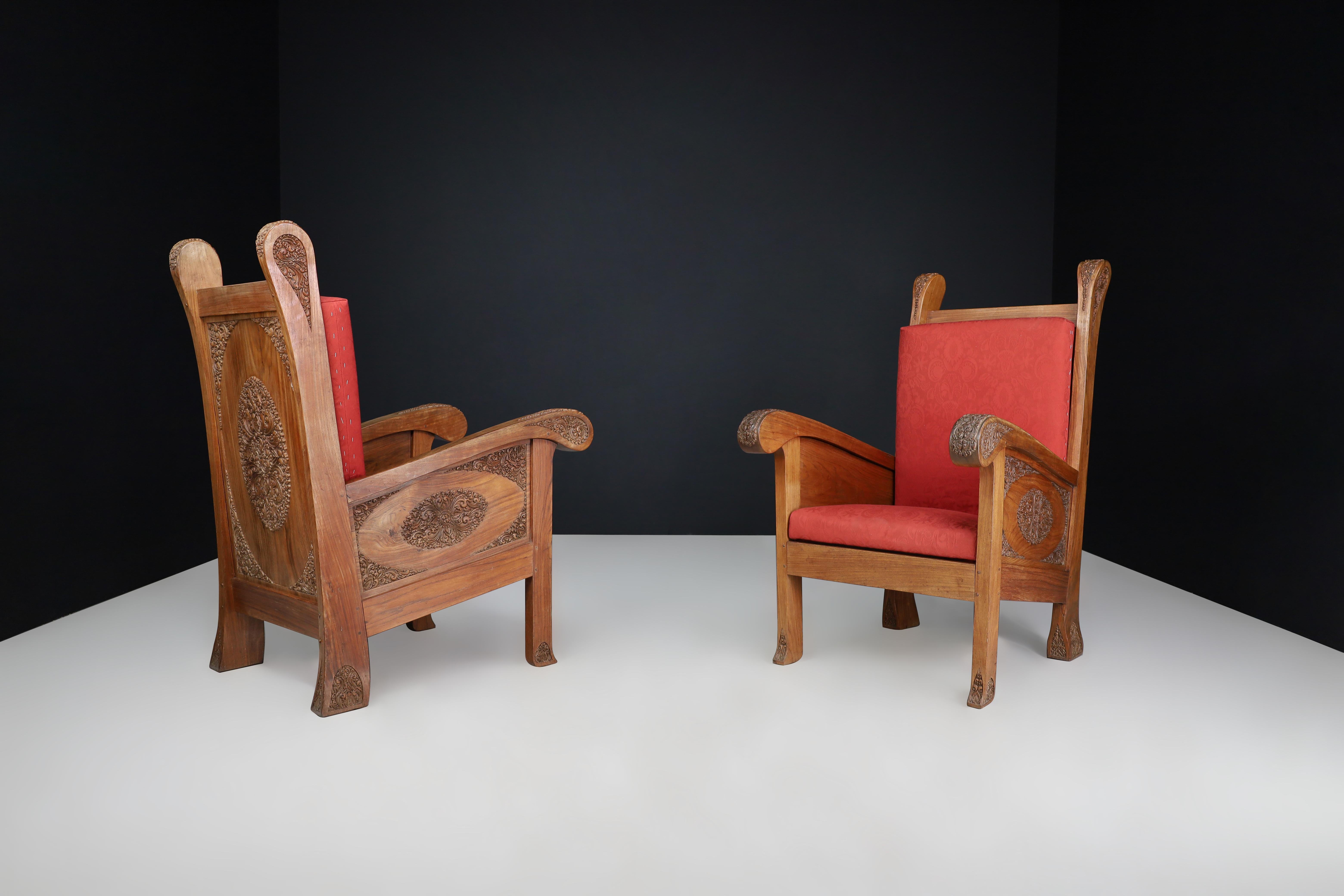 Hand-Carved Walnut High Back Chairs, Indonesia, Early 20th Century For Sale 1