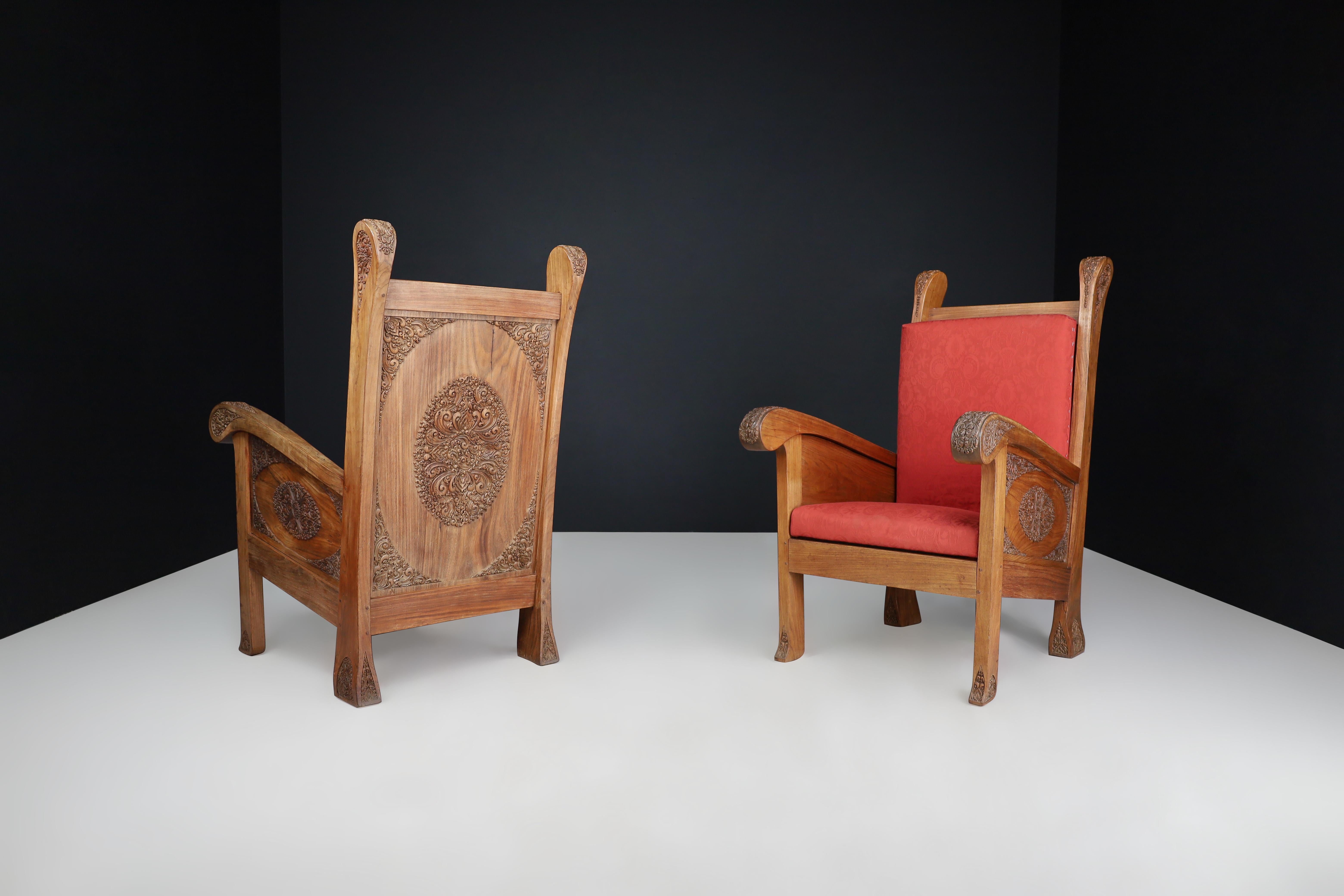 Hand-Carved Walnut High Back Chairs, Indonesia, Early 20th Century For Sale 3