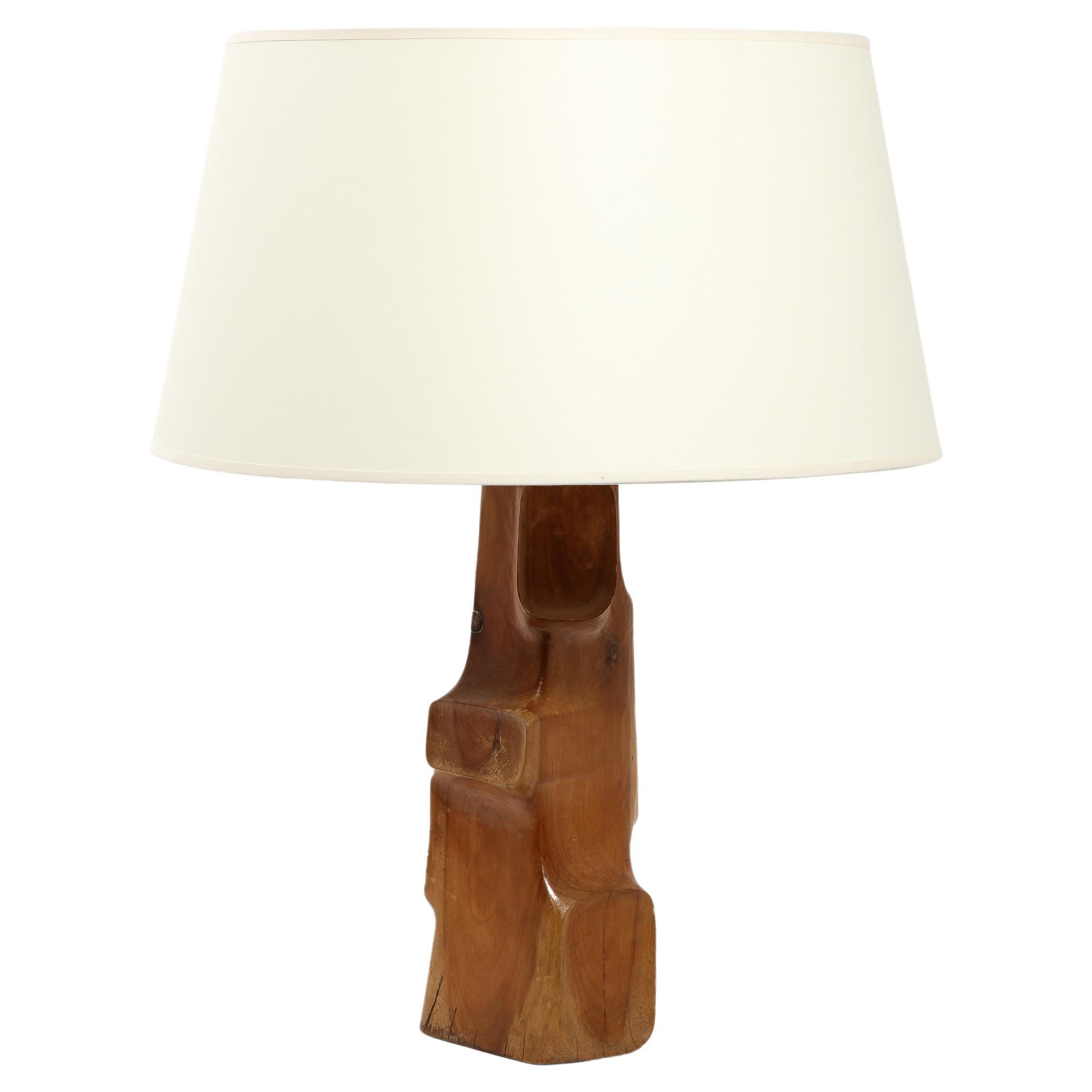 Hand Carved Walnut Lamp, France 1960's For Sale
