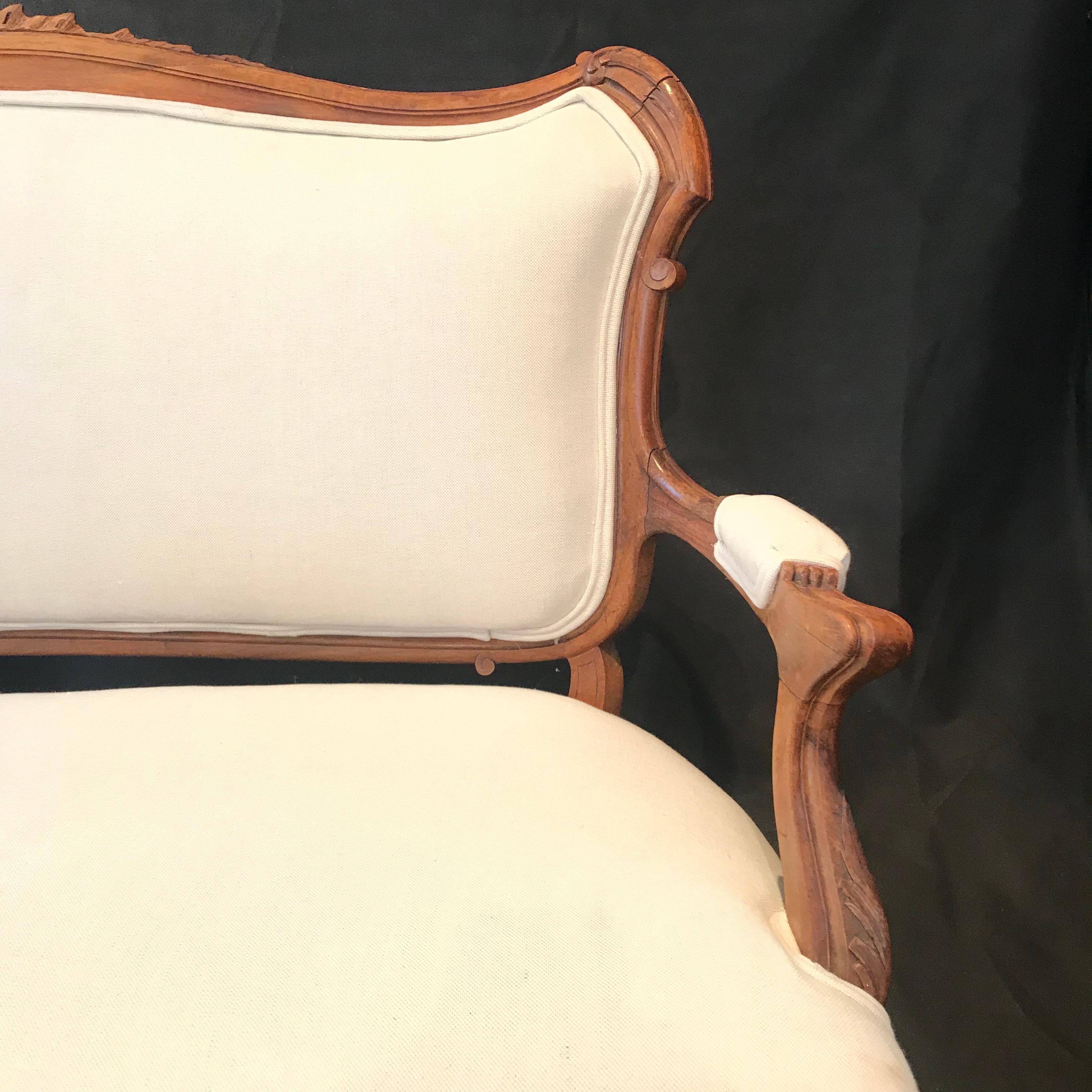 French Hand Carved Walnut Louis XV Style Sofa Loveseat