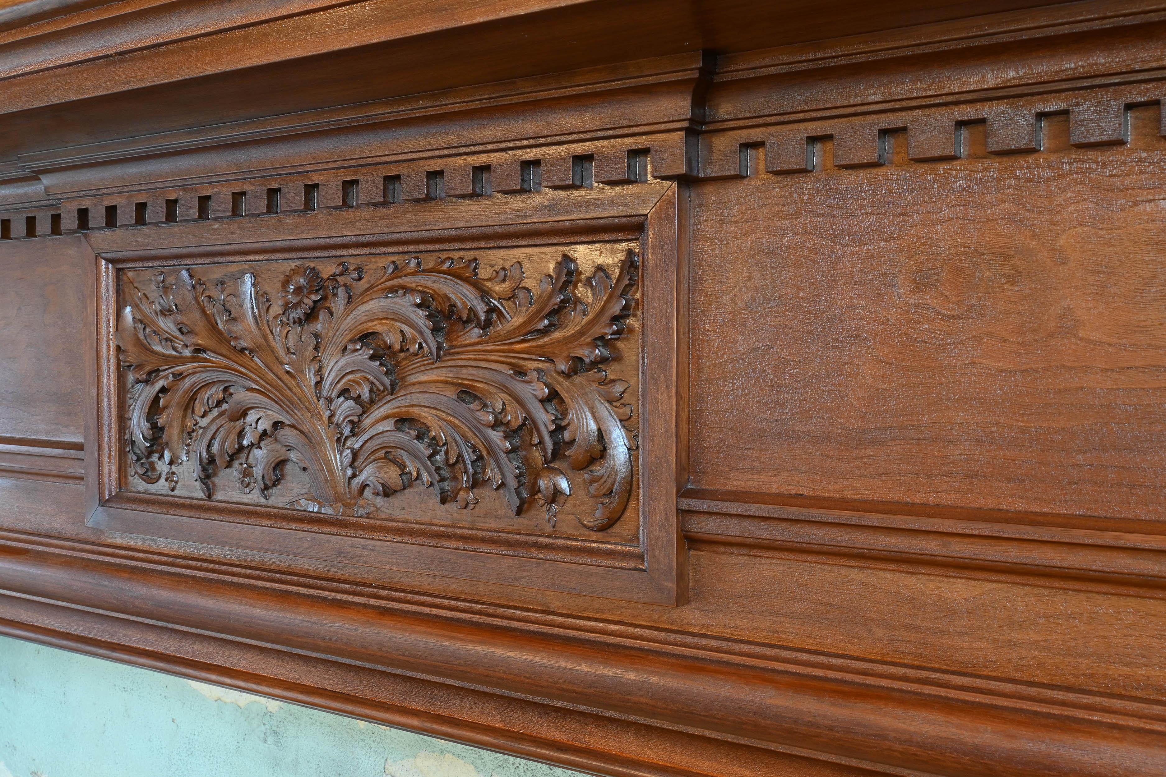 Hand Carved Walnut Mantle with Acanthus and Daisy Centerpiece 6
