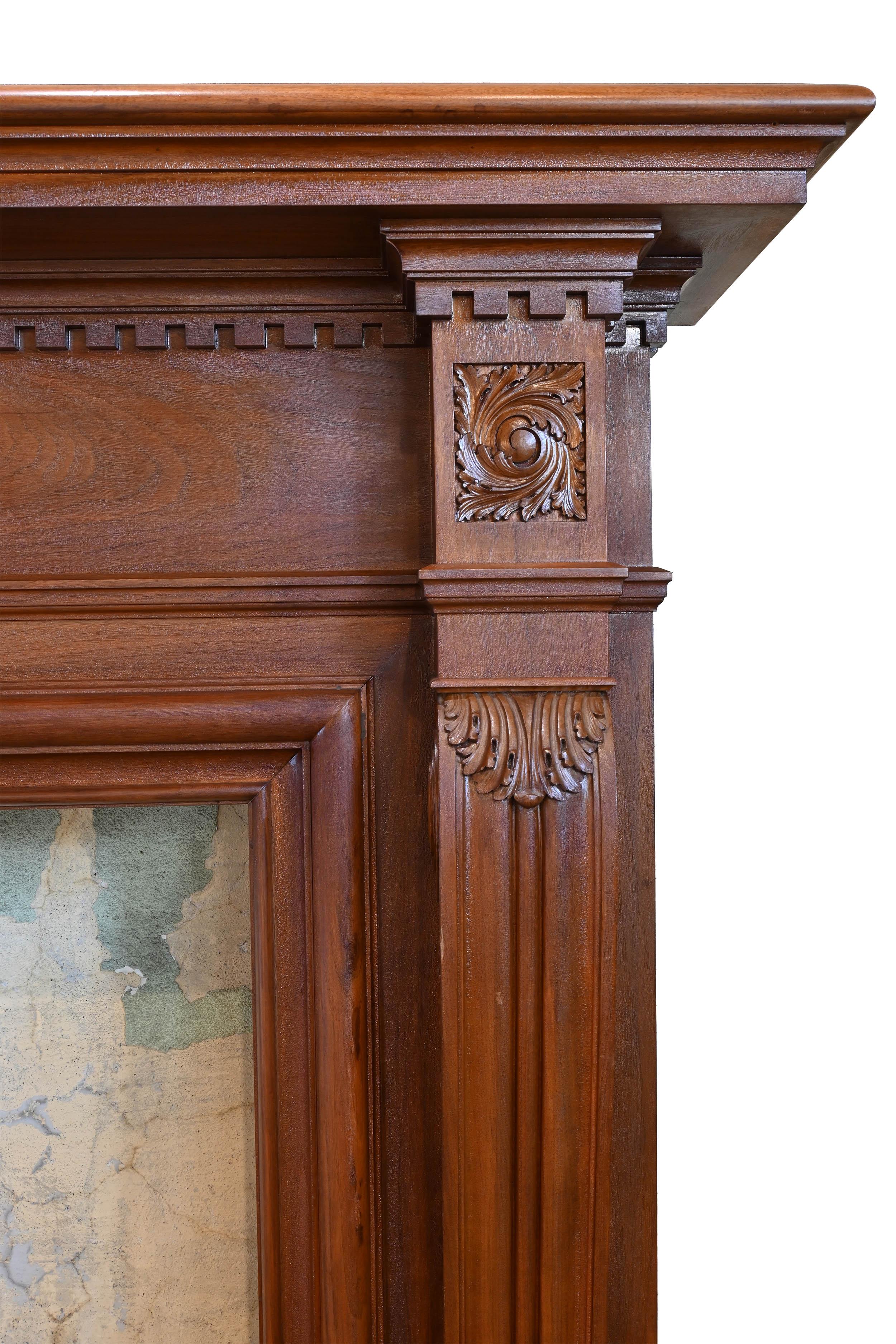 Hand Carved Walnut Mantle with Acanthus and Daisy Centerpiece 9
