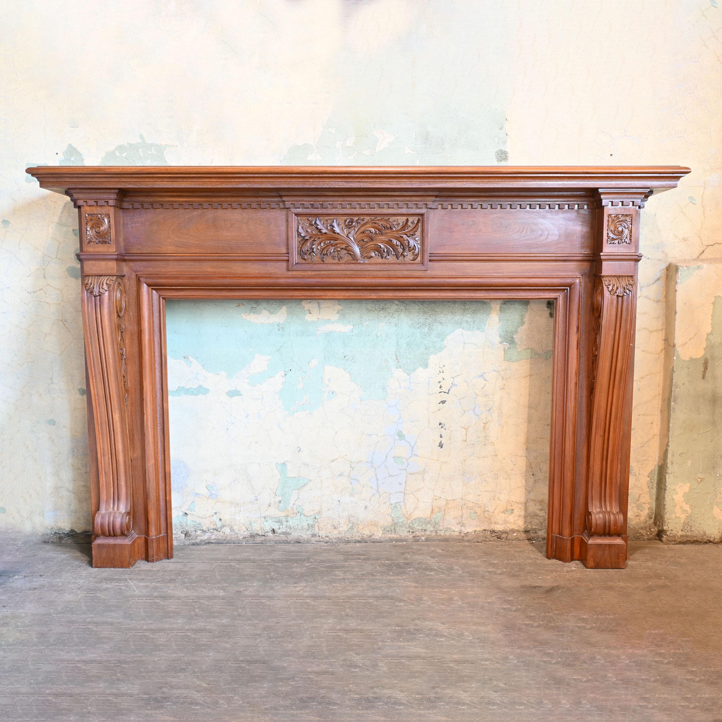 This mantel along with two corner cabinets and a rounded room divider were salvaged by our team from a local Edina home. 

circa salvaged from a 1941 Edina home
Condition: Age consistent/Wonderfully Made
Material: Carved walnut 
Finish:
