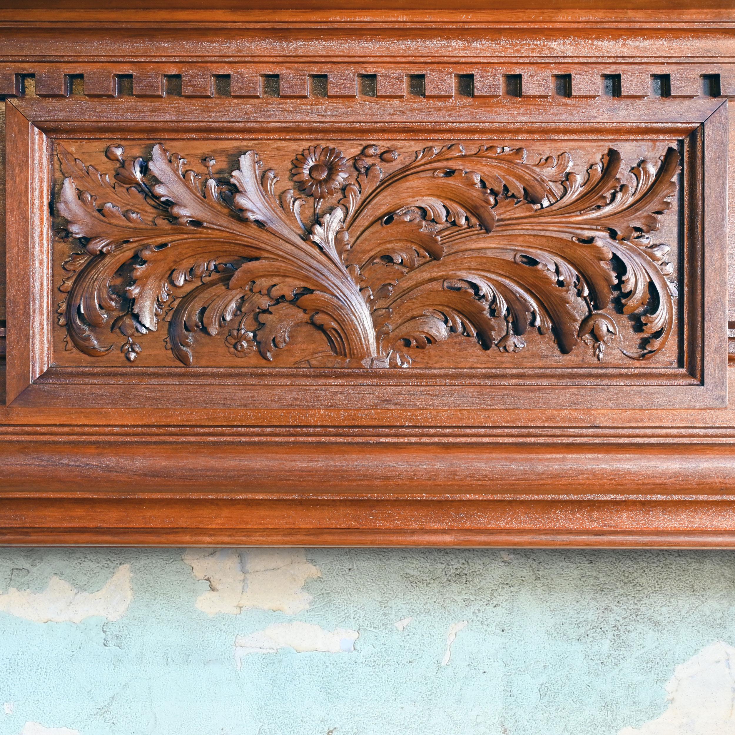 North American Hand Carved Walnut Mantle with Acanthus and Daisy Centerpiece