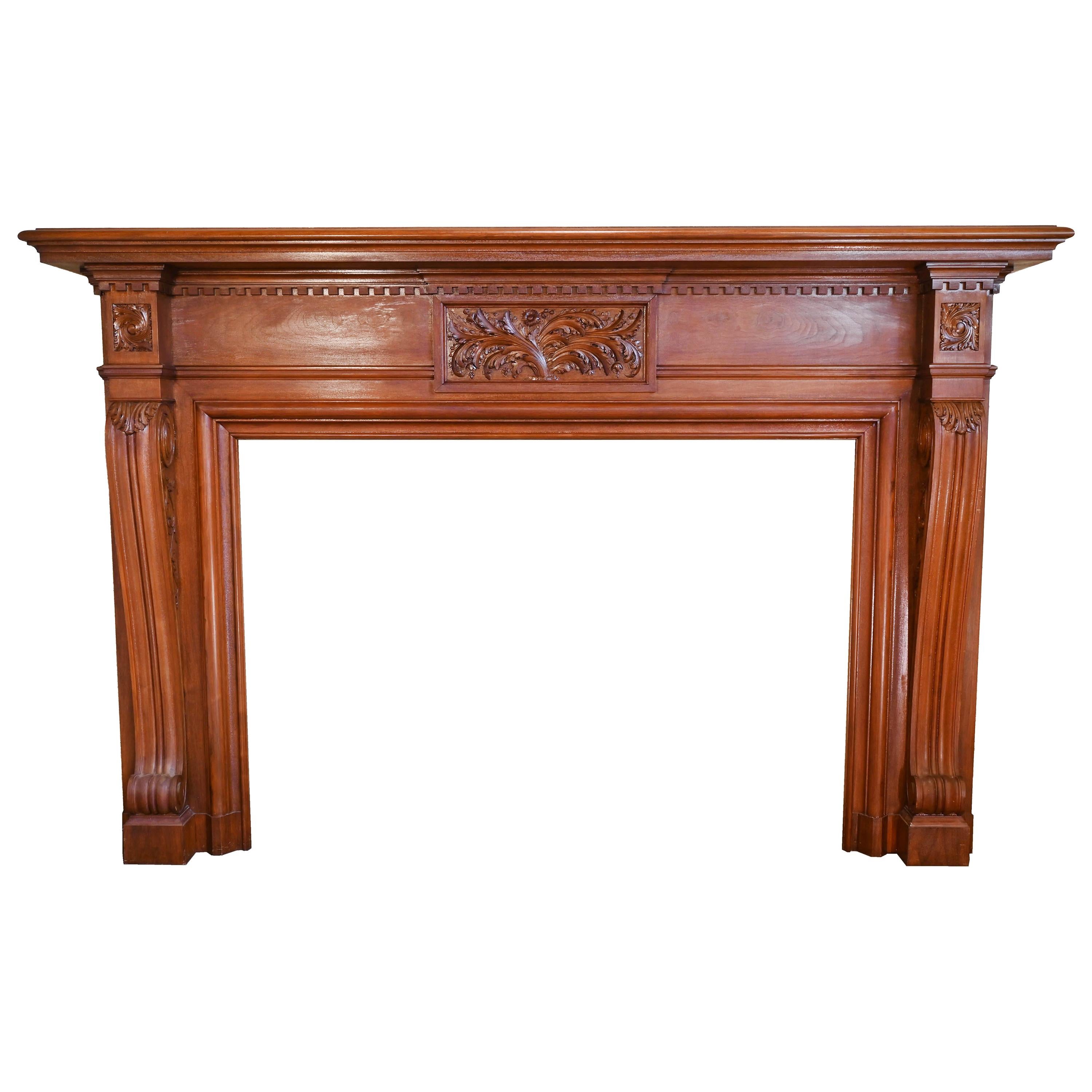 Hand Carved Walnut Mantle with Acanthus and Daisy Centerpiece
