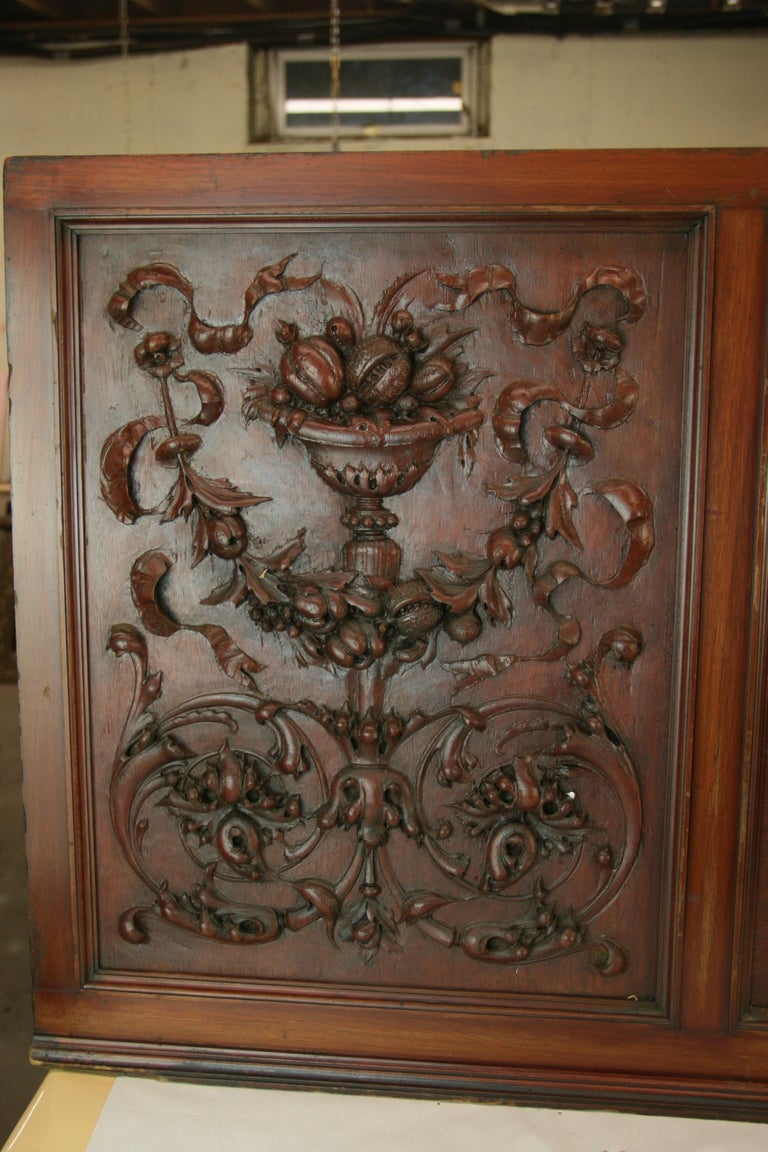  HandCarved Walnut Three Panel Oversized Architectural Element /Headboard 19th C In Good Condition For Sale In Douglas Manor, NY