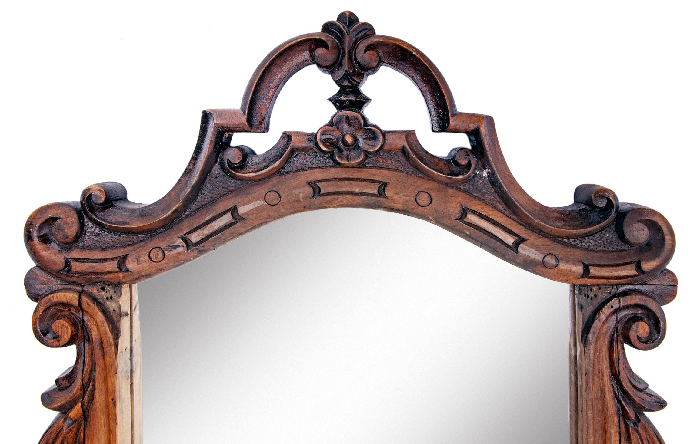 Hand-Carved Hand Carved Walnut Victorian Crowned Entry Mirror For Sale