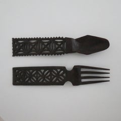 Hand Carved Welsh Love Spoon and Fork 1940s