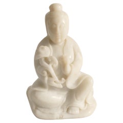 Antique Hand-Carved White Alabaster Figure of Guanyin, China, Early 20th Century