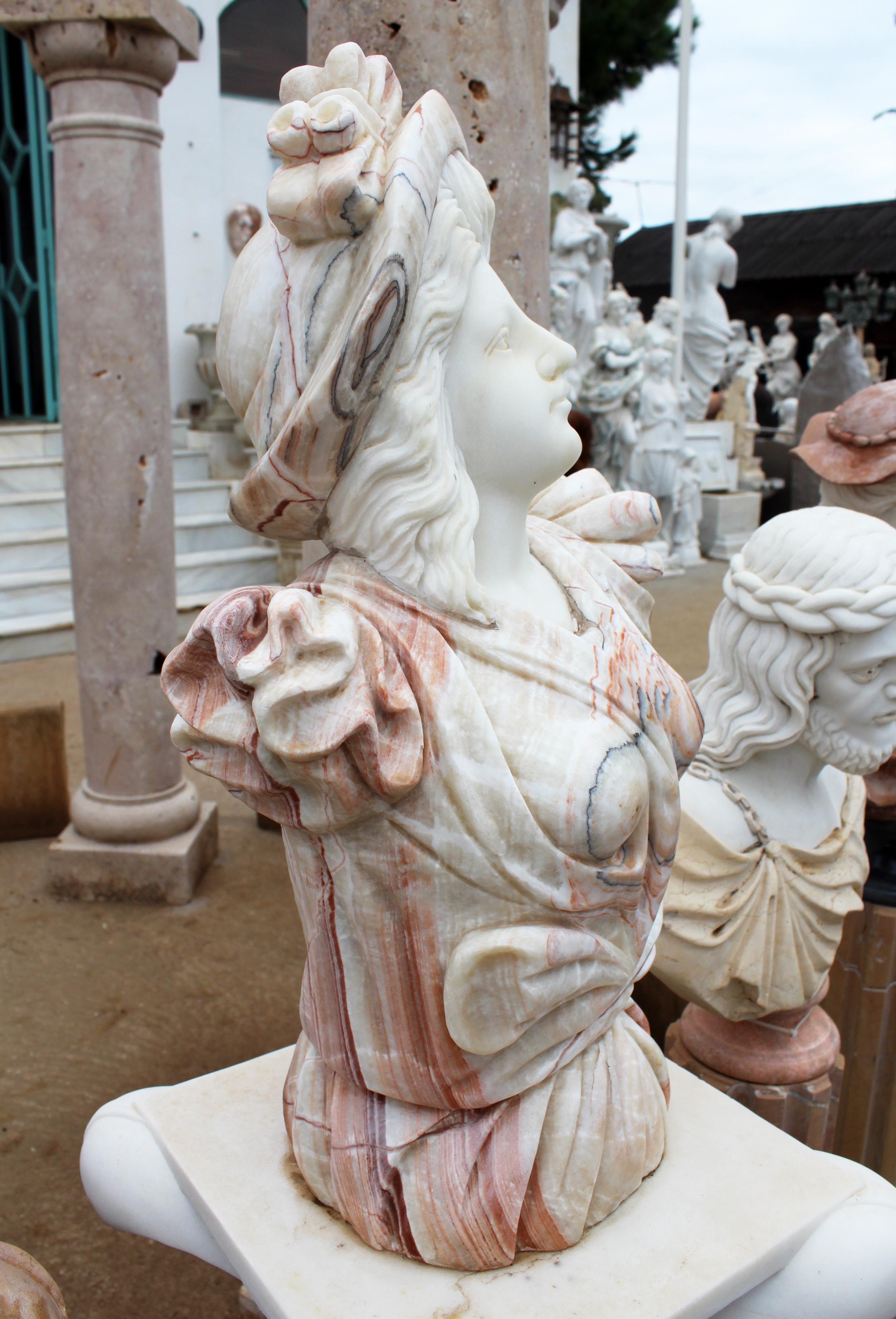 Italian Hand Carved White Carrara Marble and Onyx Bust of a Romanticist Woman