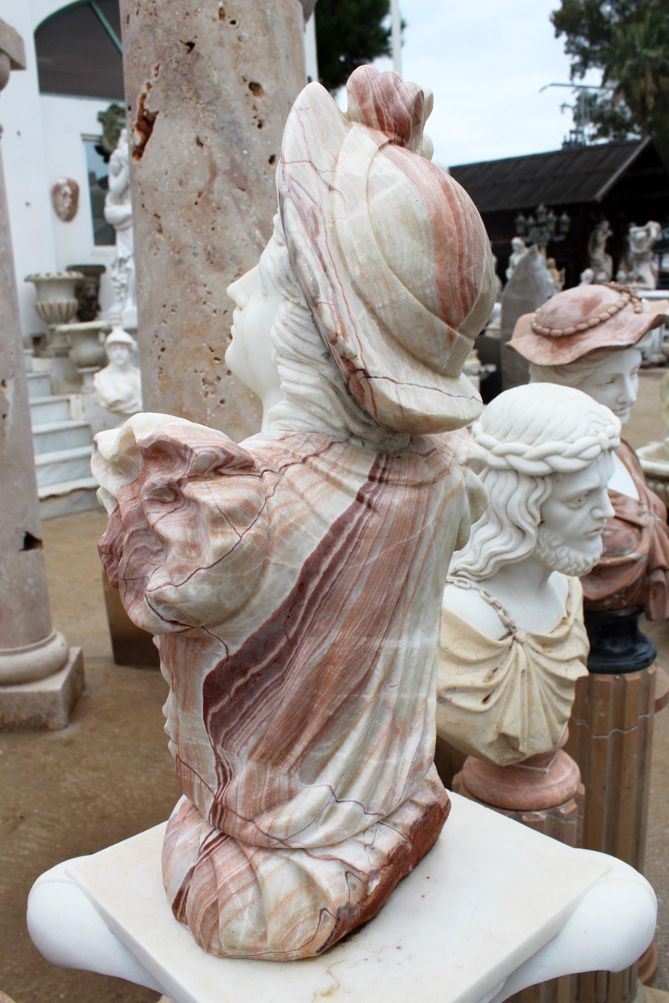 Hand Carved White Carrara Marble and Onyx Bust of a Romanticist Woman 2