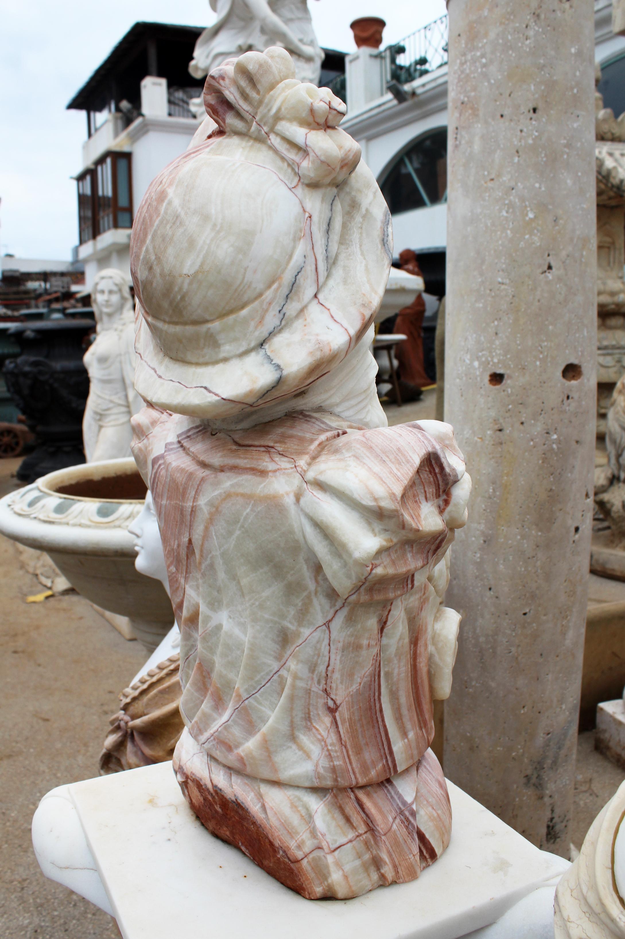 Hand Carved White Carrara Marble and Onyx Bust of a Romanticist Woman 4