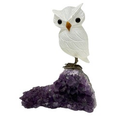 Hand Carved White Gemstone Owl Sculpture