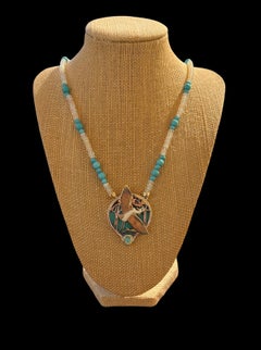 Hand-carved White Heron, Gold &Silver Opal & Turquoise Heyoka Merrifield Pendant