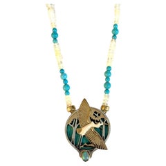 Hand-carved White Heron, Opal & Turquoise Pendant