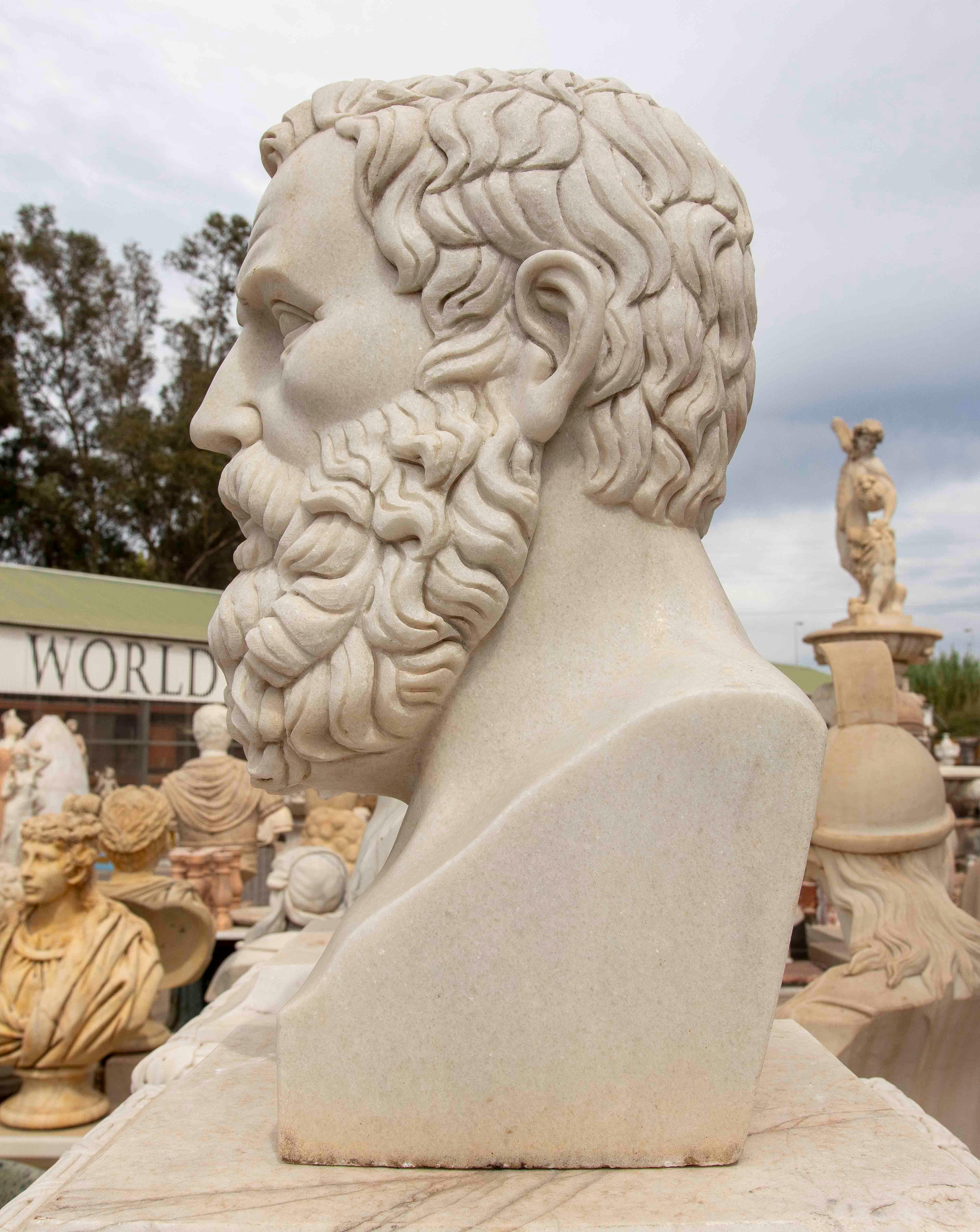 European Hand-Carved White Marble Bust of Solon For Sale