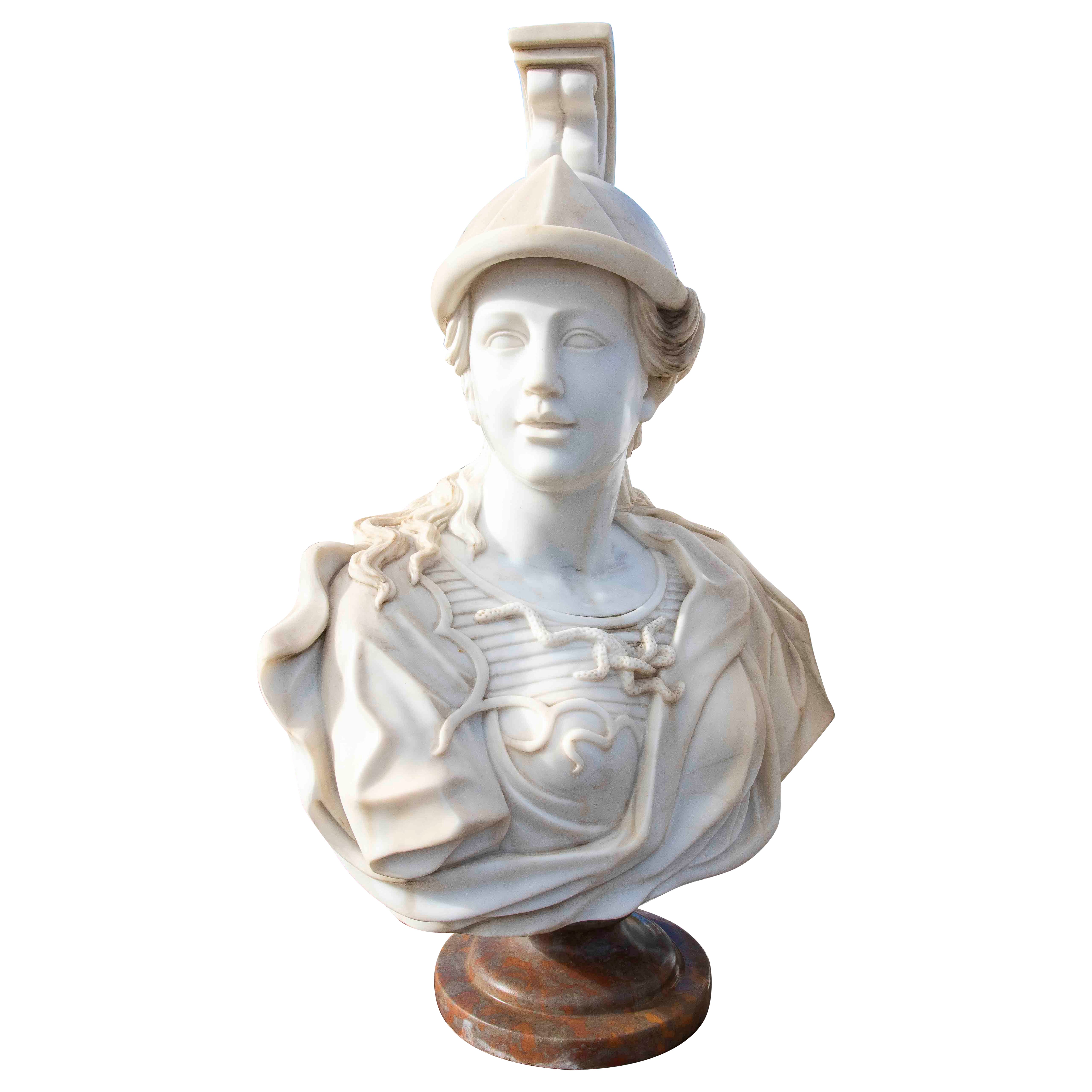 Hand-Carved White Marble Classic Warrior Bust in with Marble Base For Sale