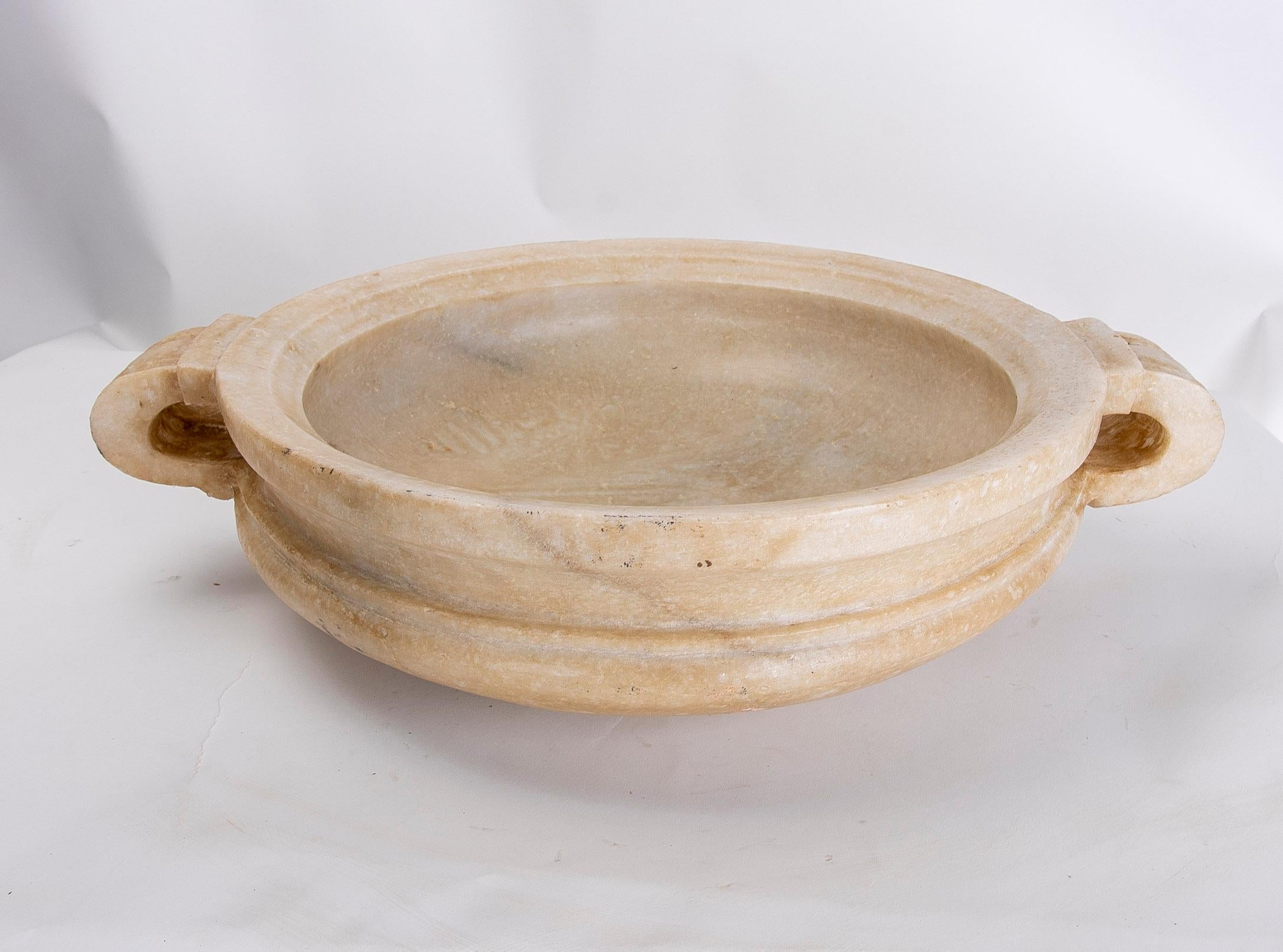Hand-Carved White Marble Decorative Dish in the Shape of a Casserole with Handles