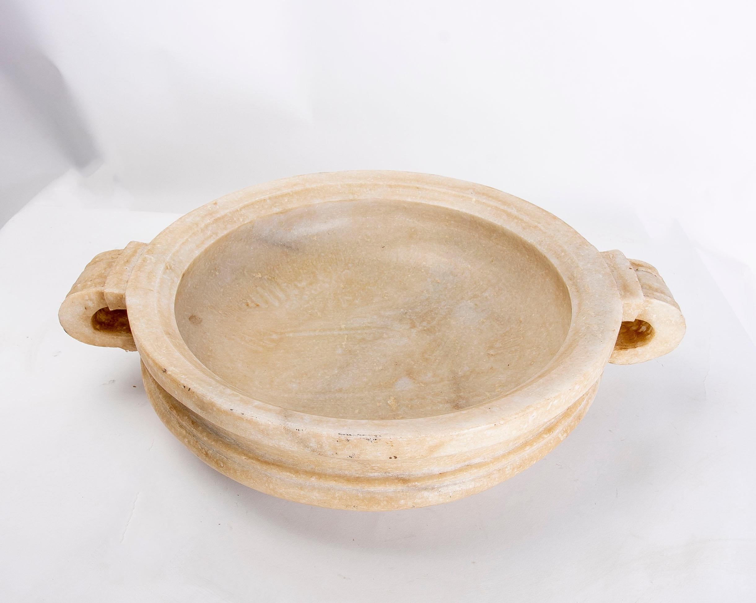 European Hand-Carved White Marble Decorative Dish in the Shape of a Casserole with Handle For Sale