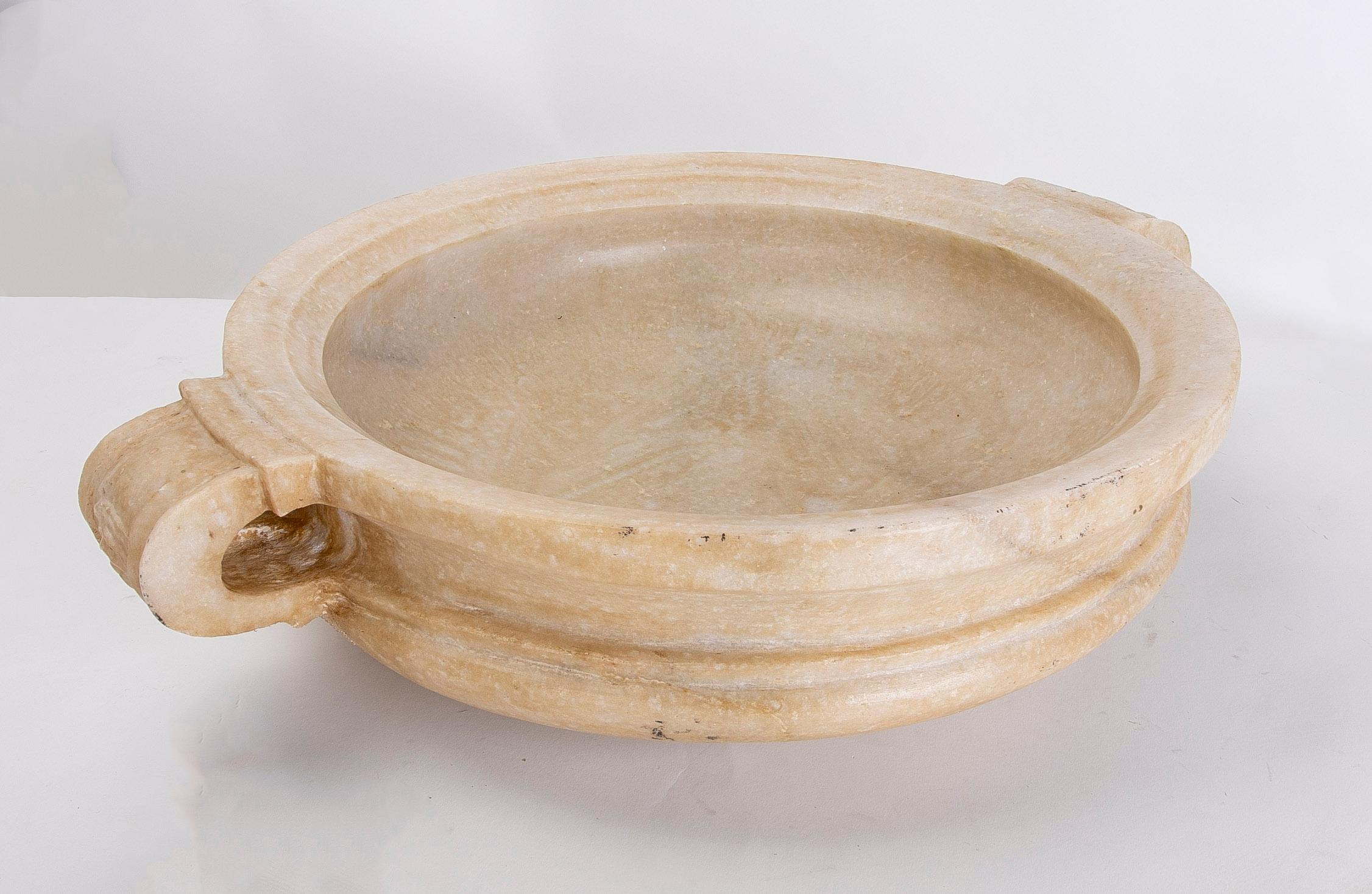 Contemporary Hand-Carved White Marble Decorative Dish in the Shape of a Casserole with Handle For Sale