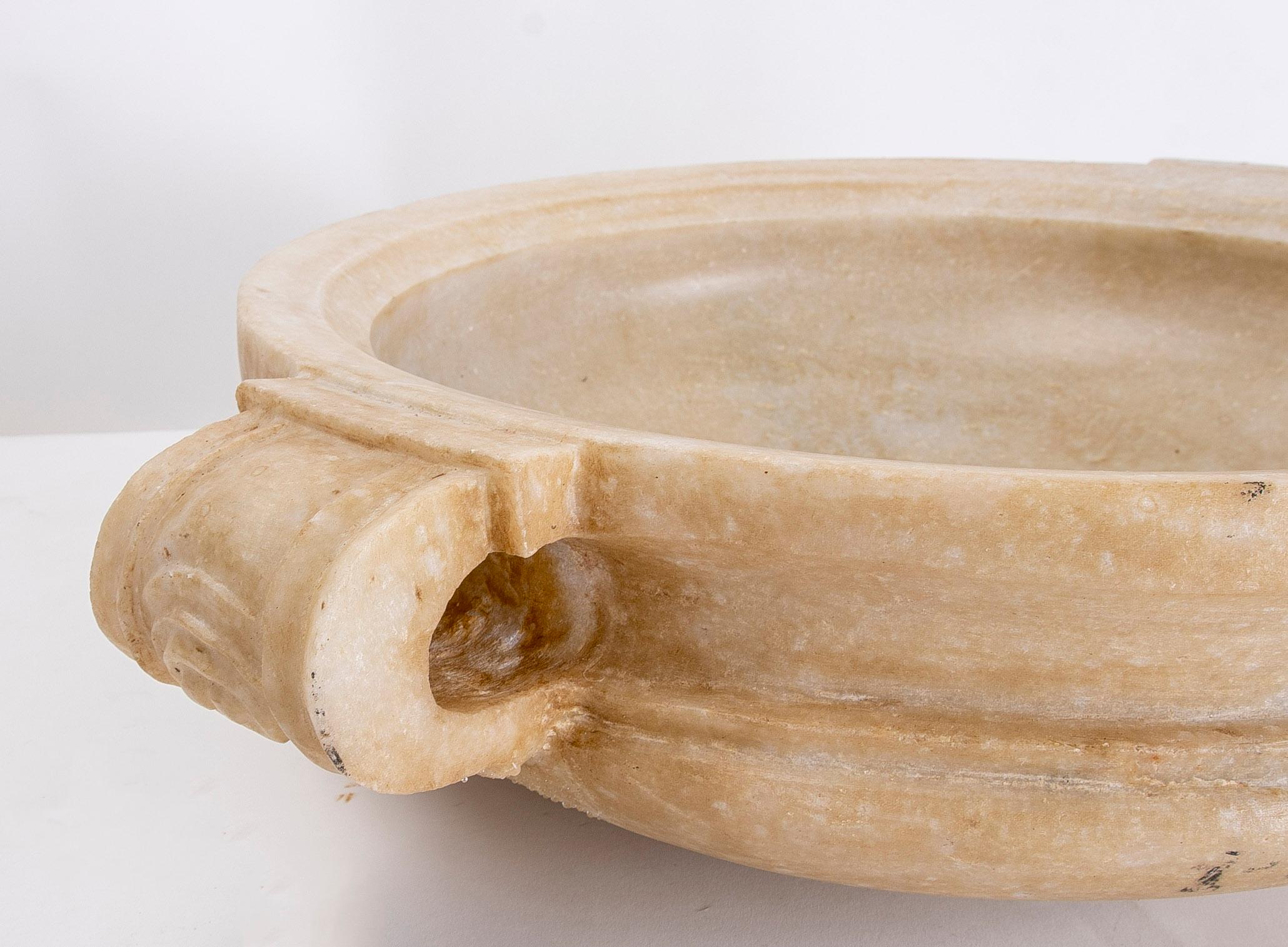 Hand-Carved White Marble Decorative Dish in the Shape of a Casserole with Handle For Sale 1