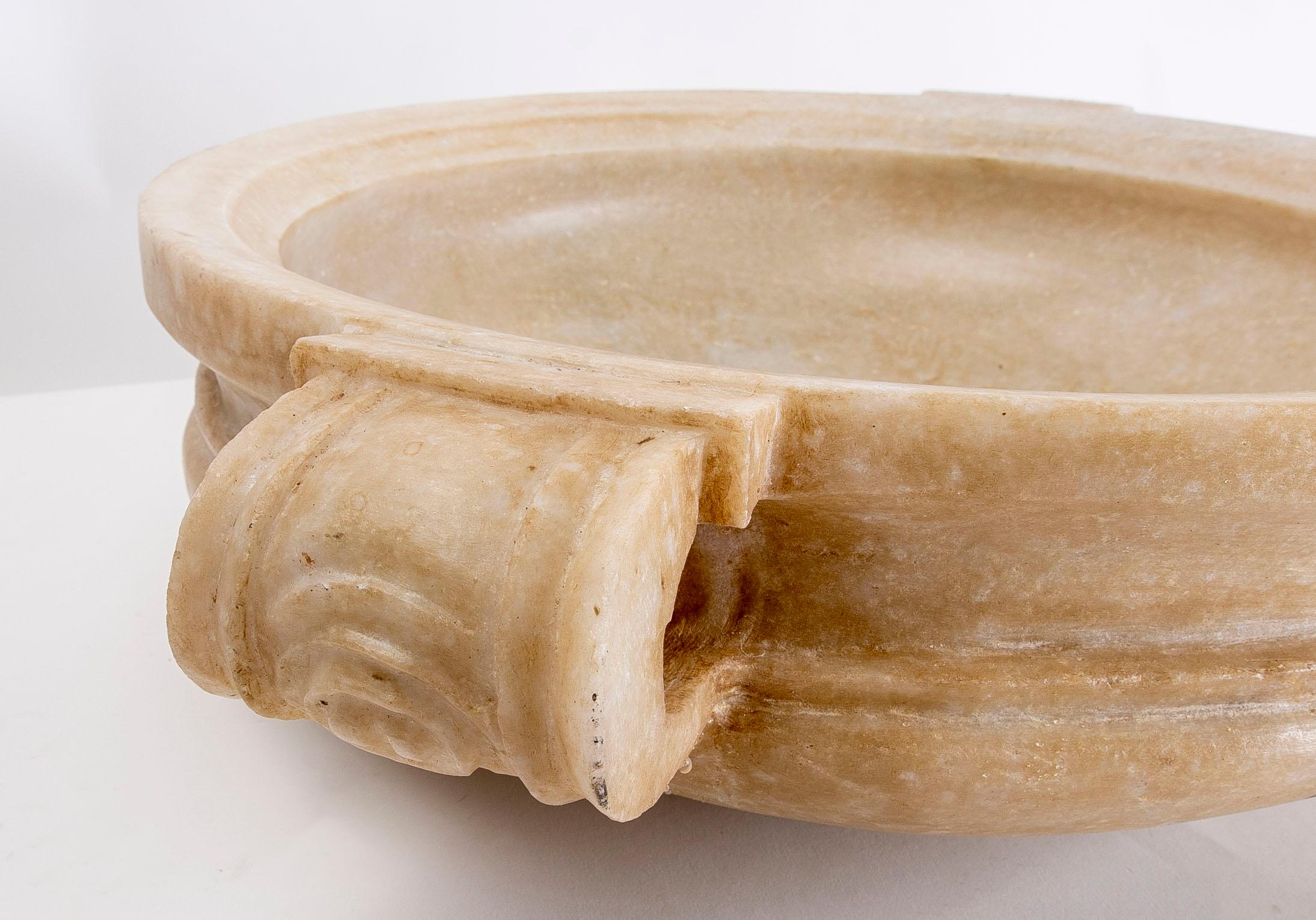 Hand-Carved White Marble Decorative Dish in the Shape of a Casserole with Handle For Sale 2