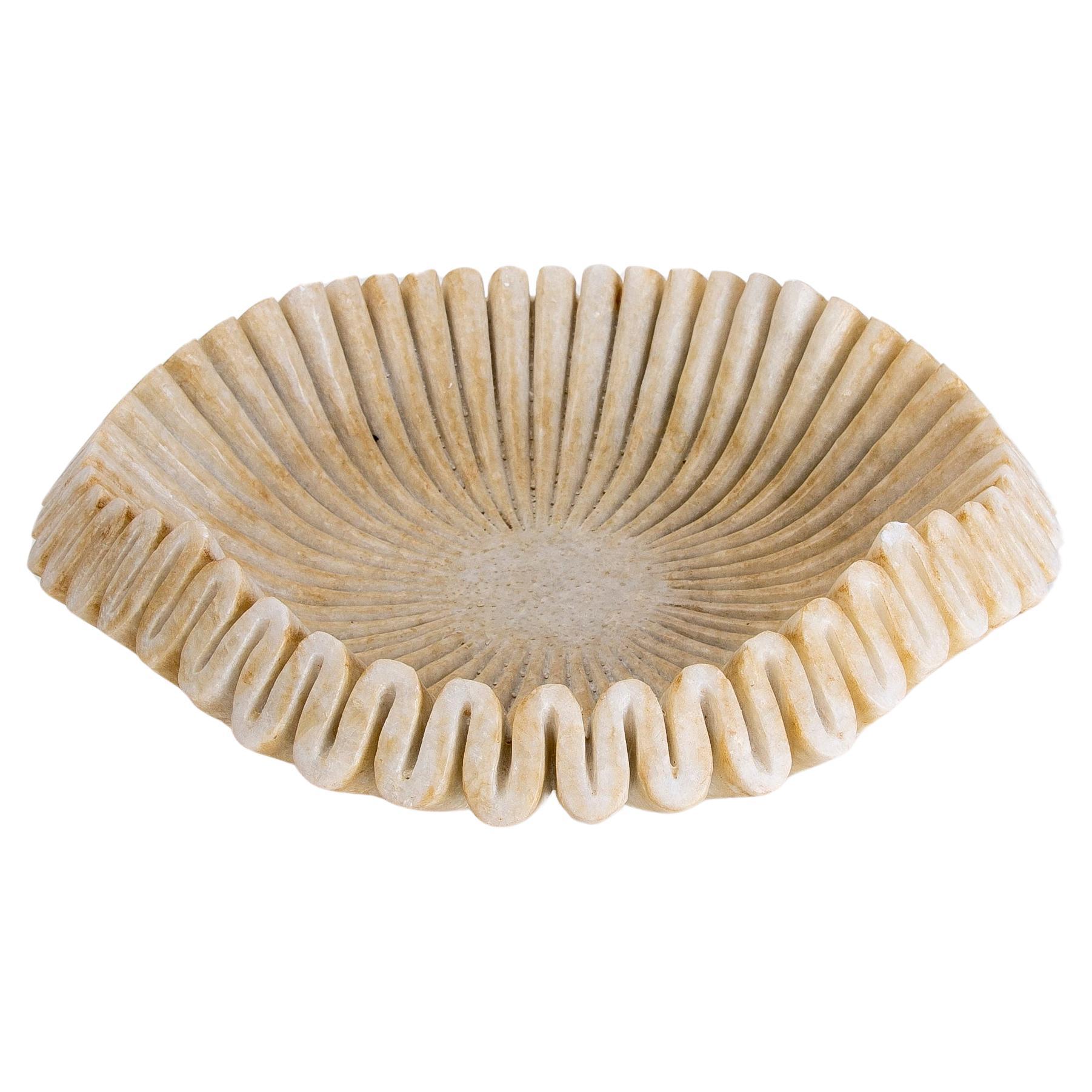 Hand-Carved White Marble Decorative Dish with Wavy Forms For Sale