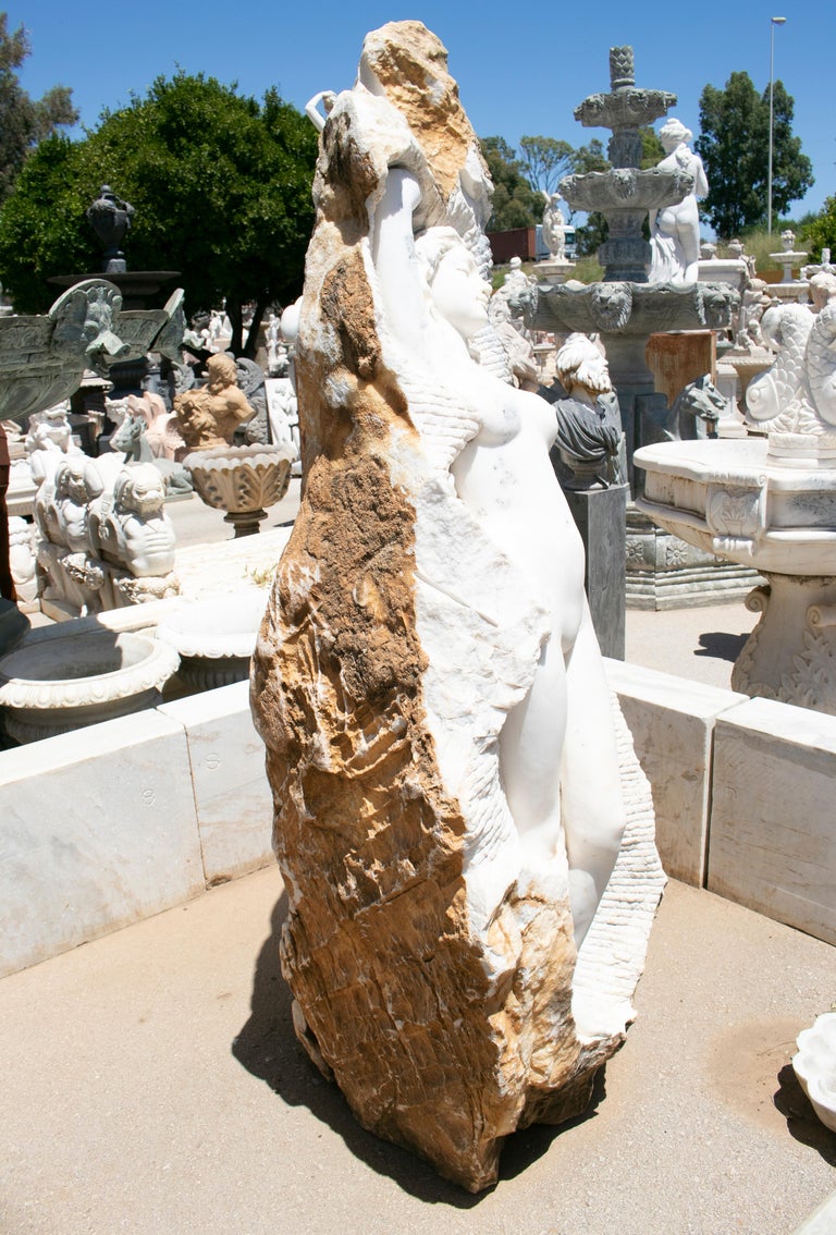 Hand Carved White Marble Female Sculpture on a Single Block For Sale at