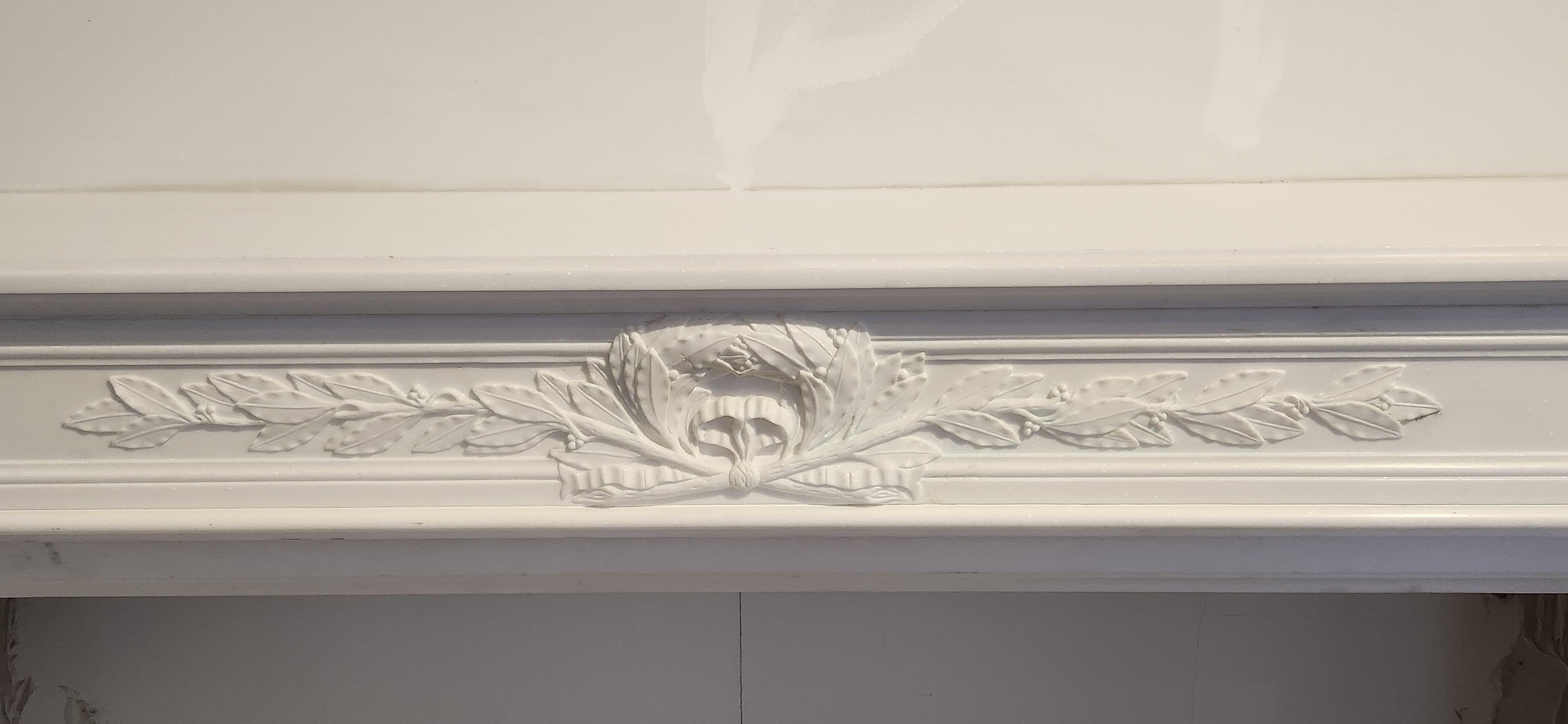 Hand-Carved White Marble Fireplace Mantel in the Regency Style For Sale 2