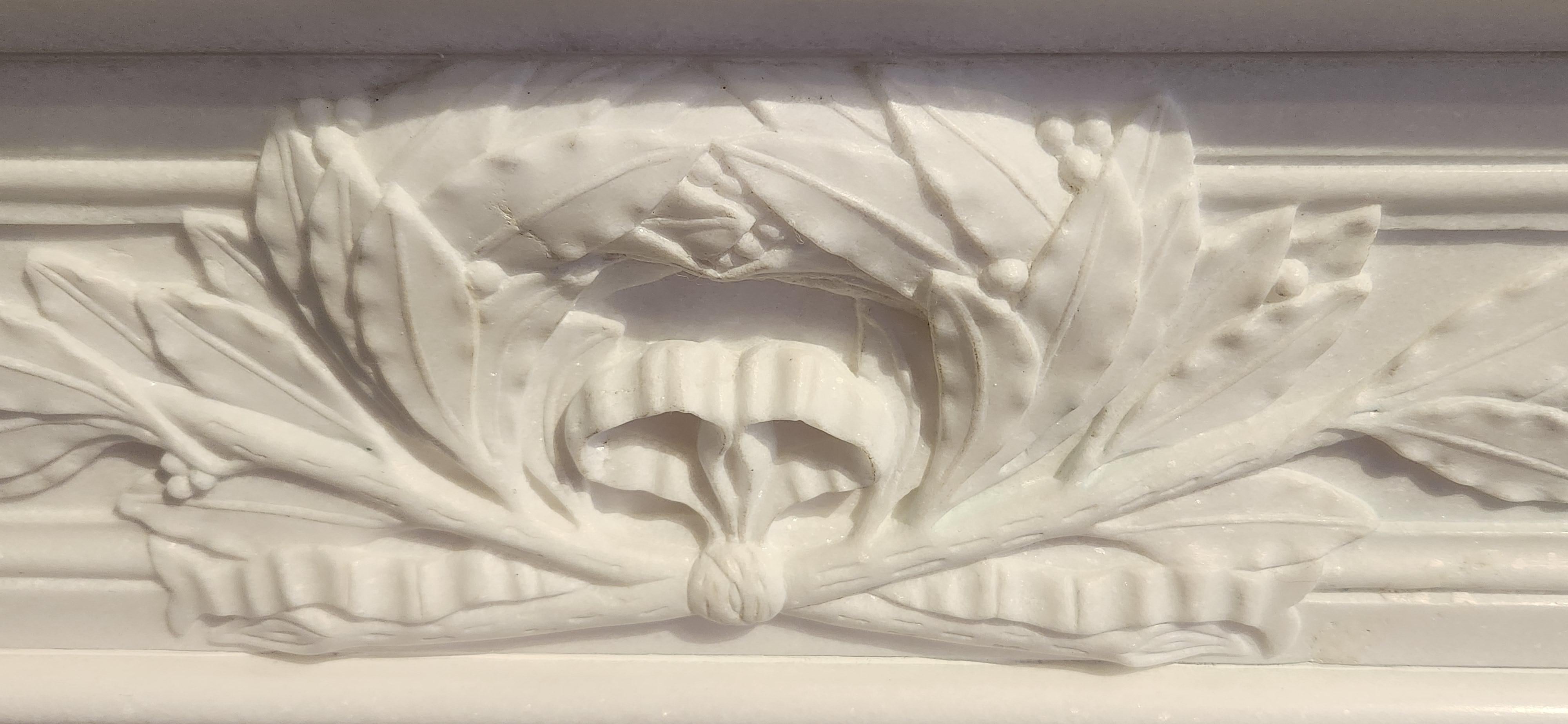 Hand-Carved White Marble Fireplace Mantel in the Regency Style For Sale 3