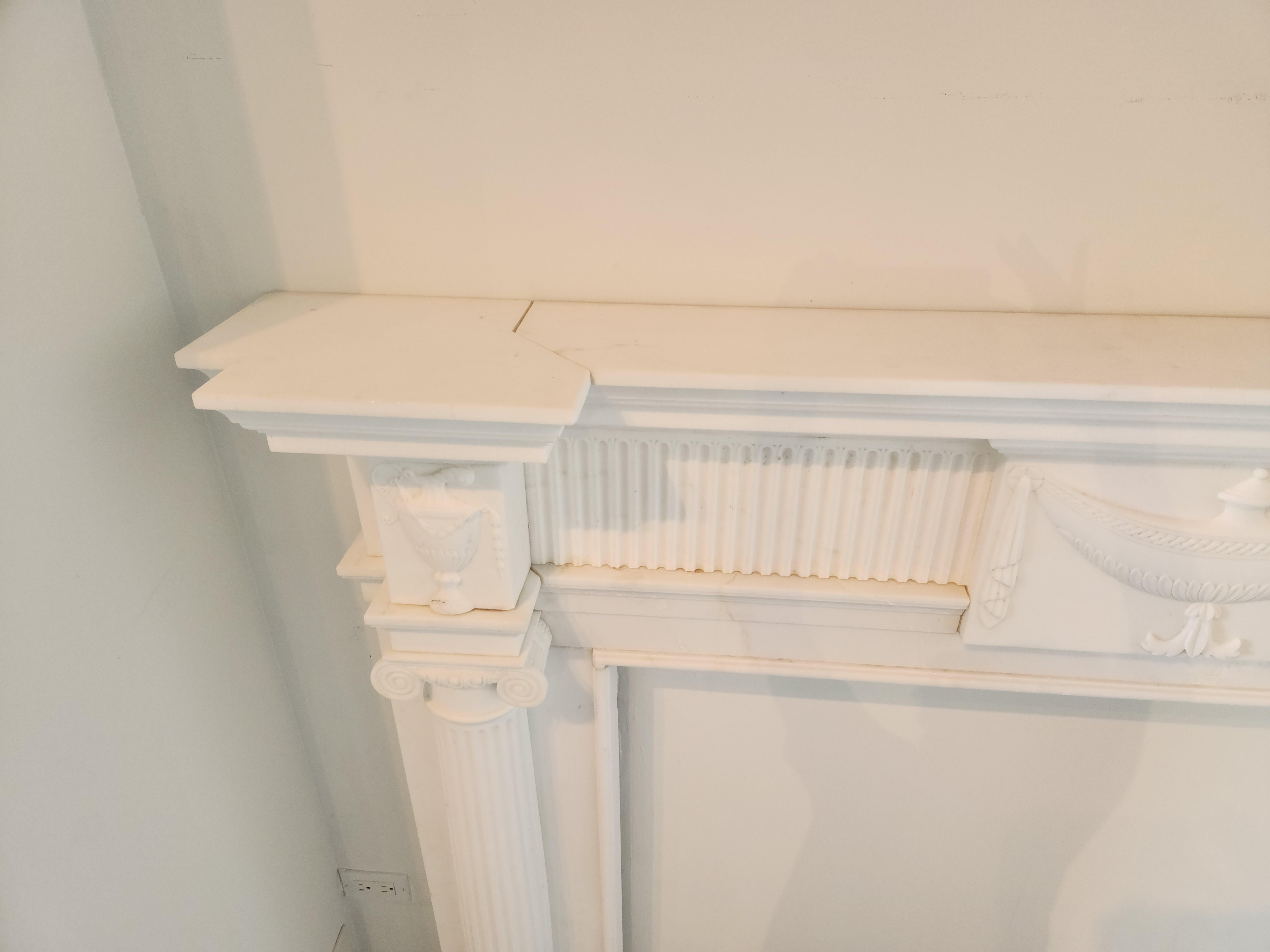 Hand-Carved White Marble Fireplace Mantel with Fluting in the Regency Style For Sale 5